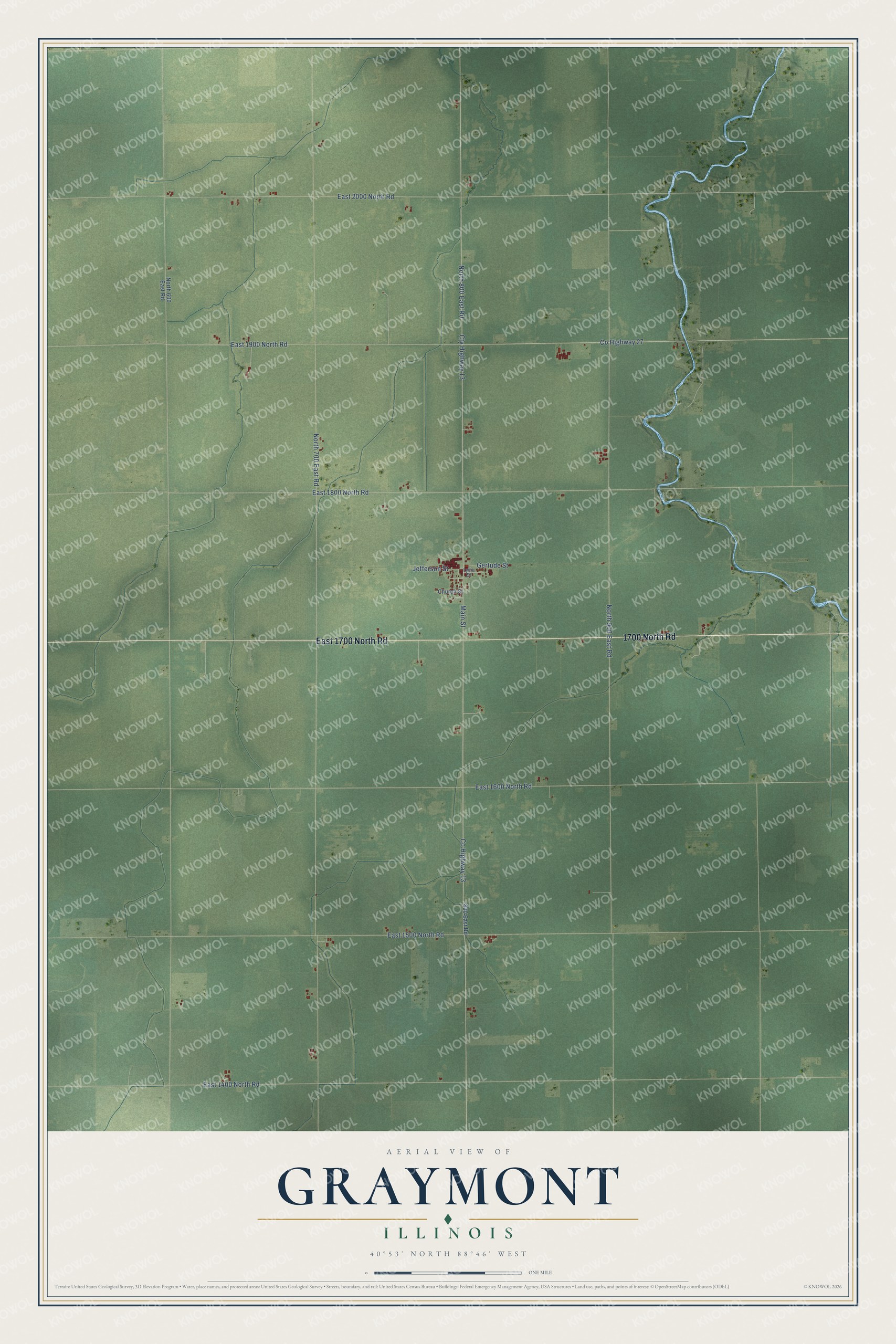 Full map of Graymont, Illinois, with red buildings, printed street names and the land around them