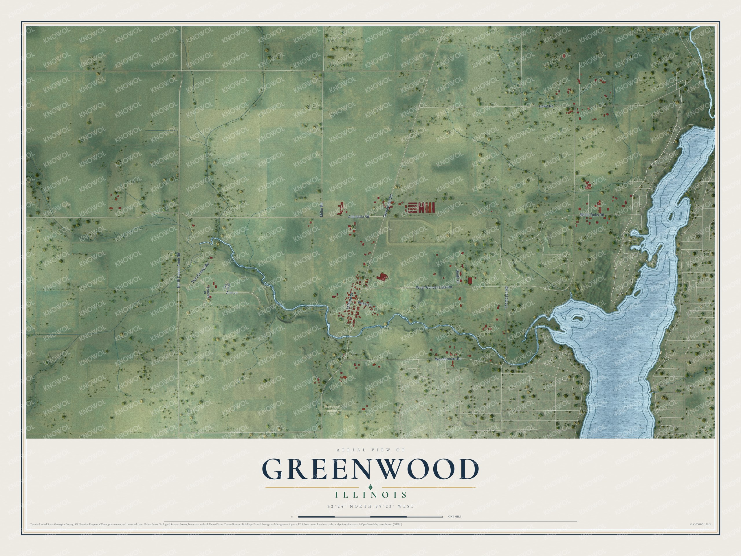 Full map of Greenwood, Illinois, with red buildings, printed street names and the land around them