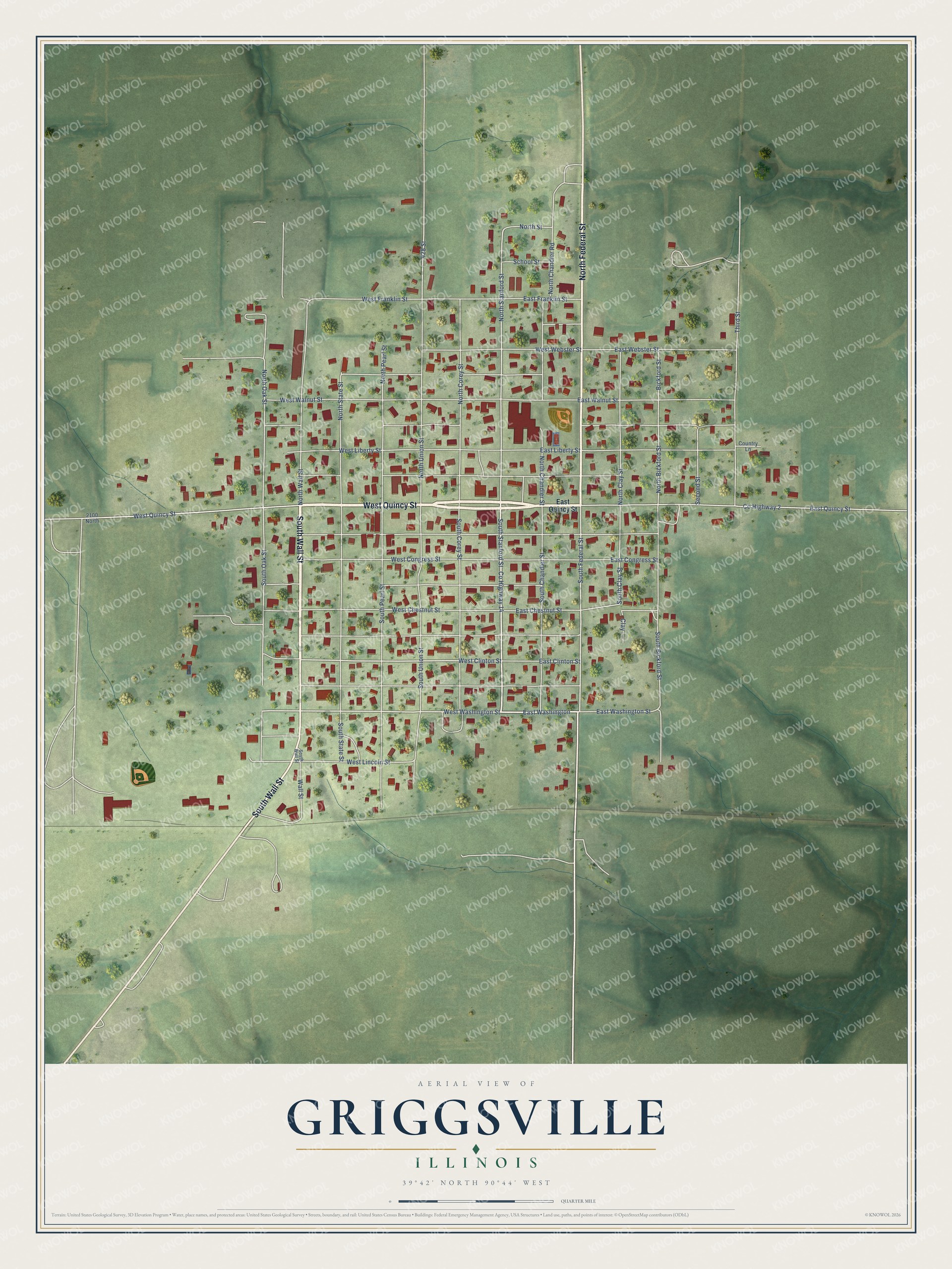 Full map of Griggsville, Illinois, with red buildings, printed street names and the land around them