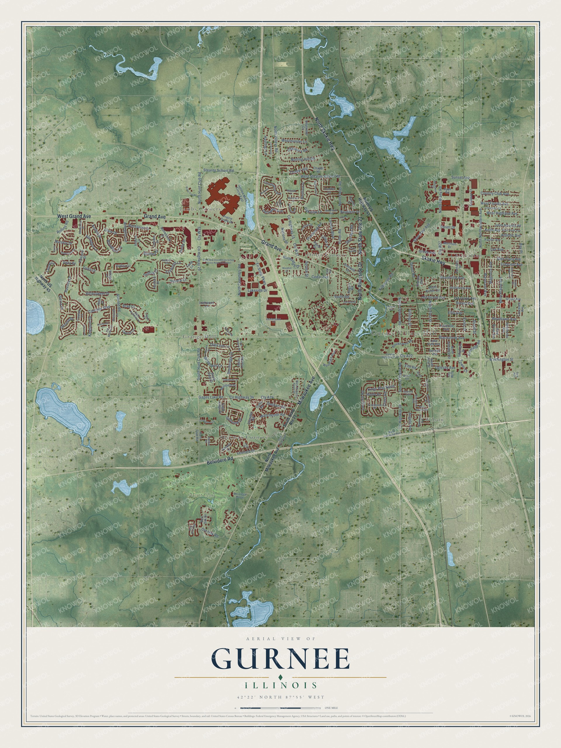 Watermarked full-map preview of Gurnee, Illinois