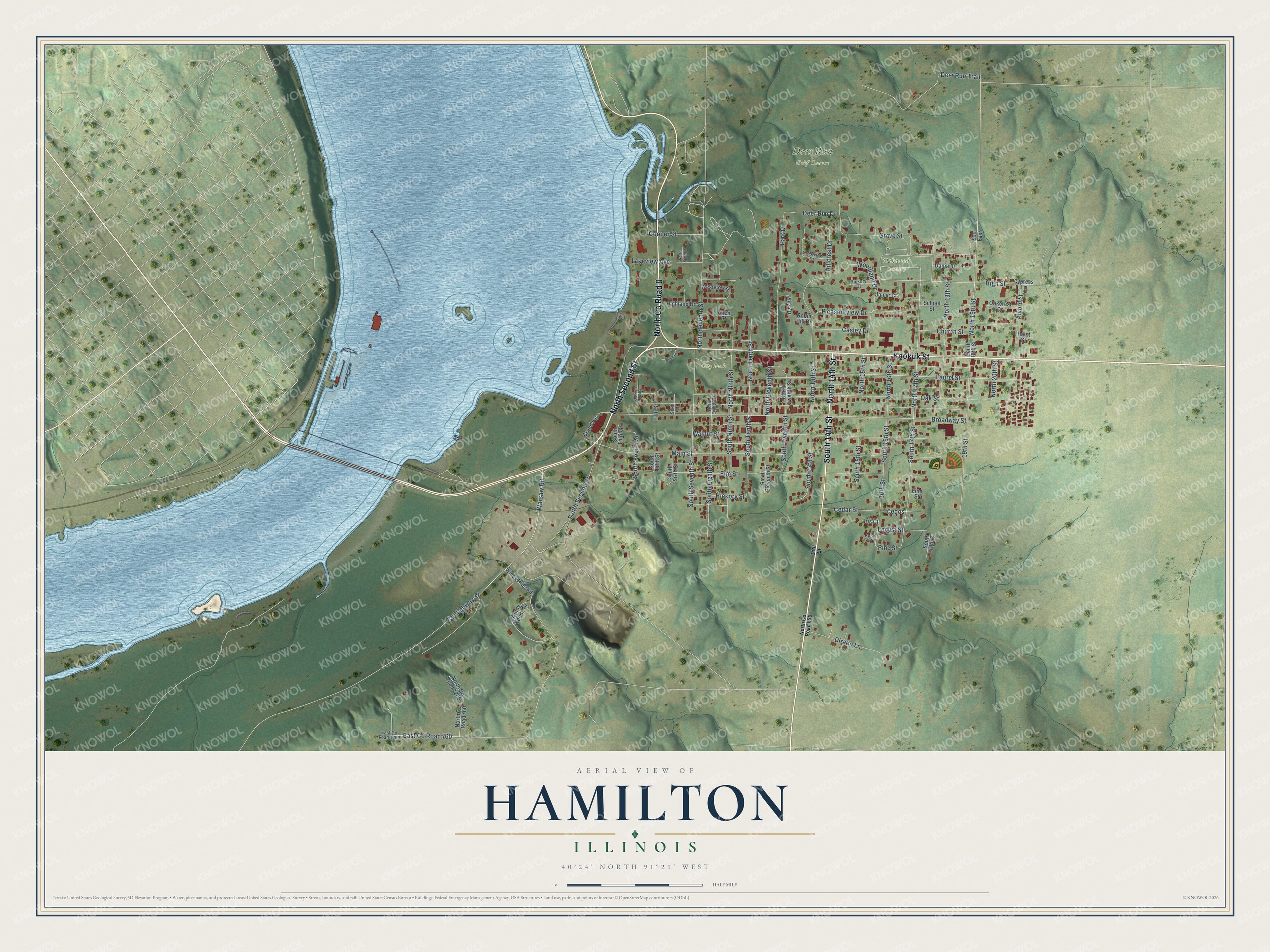 Full map of Hamilton, Illinois, with red buildings, printed street names and the land around them