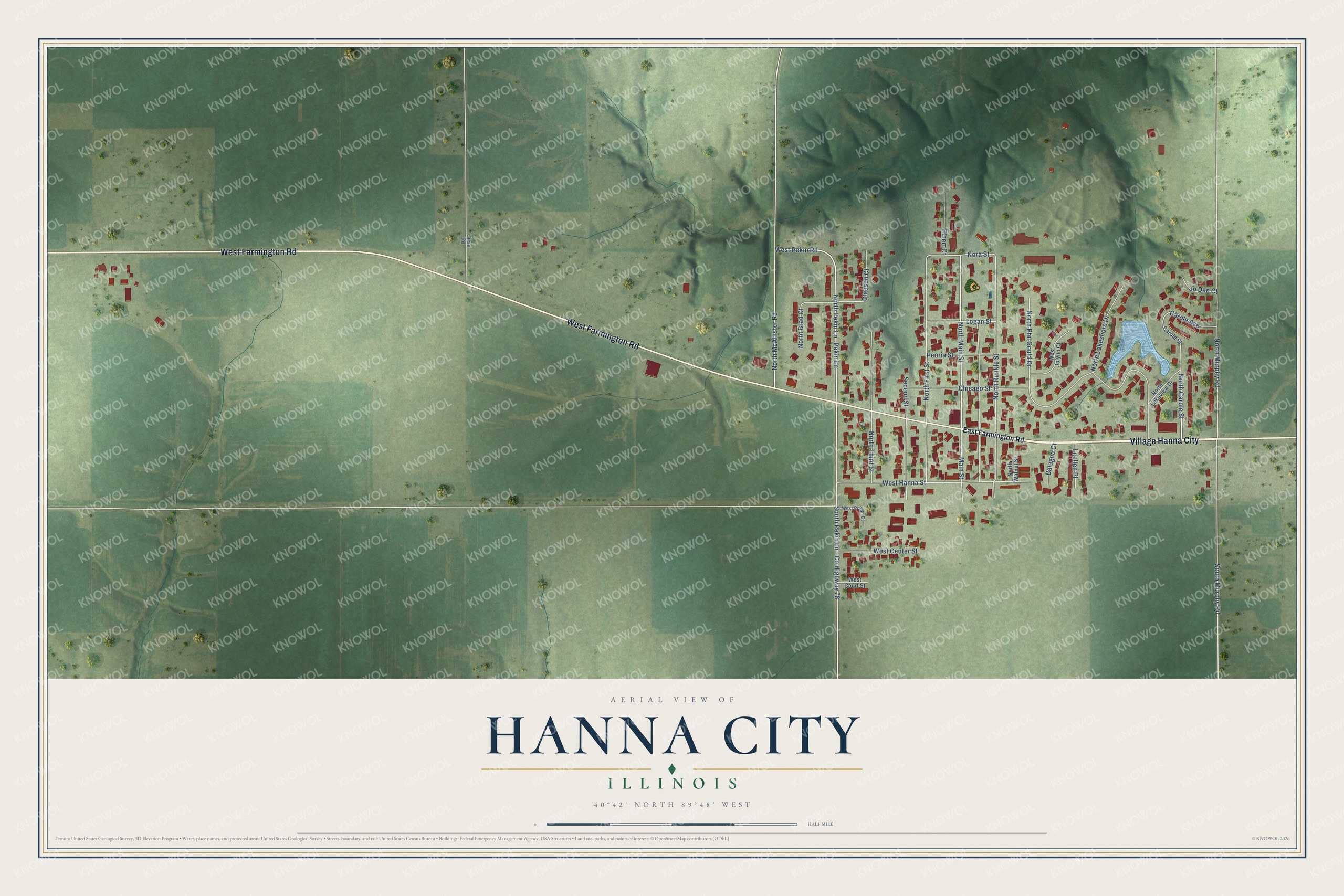 Full map of Hanna City, Illinois, with red buildings, printed street names and the land around them