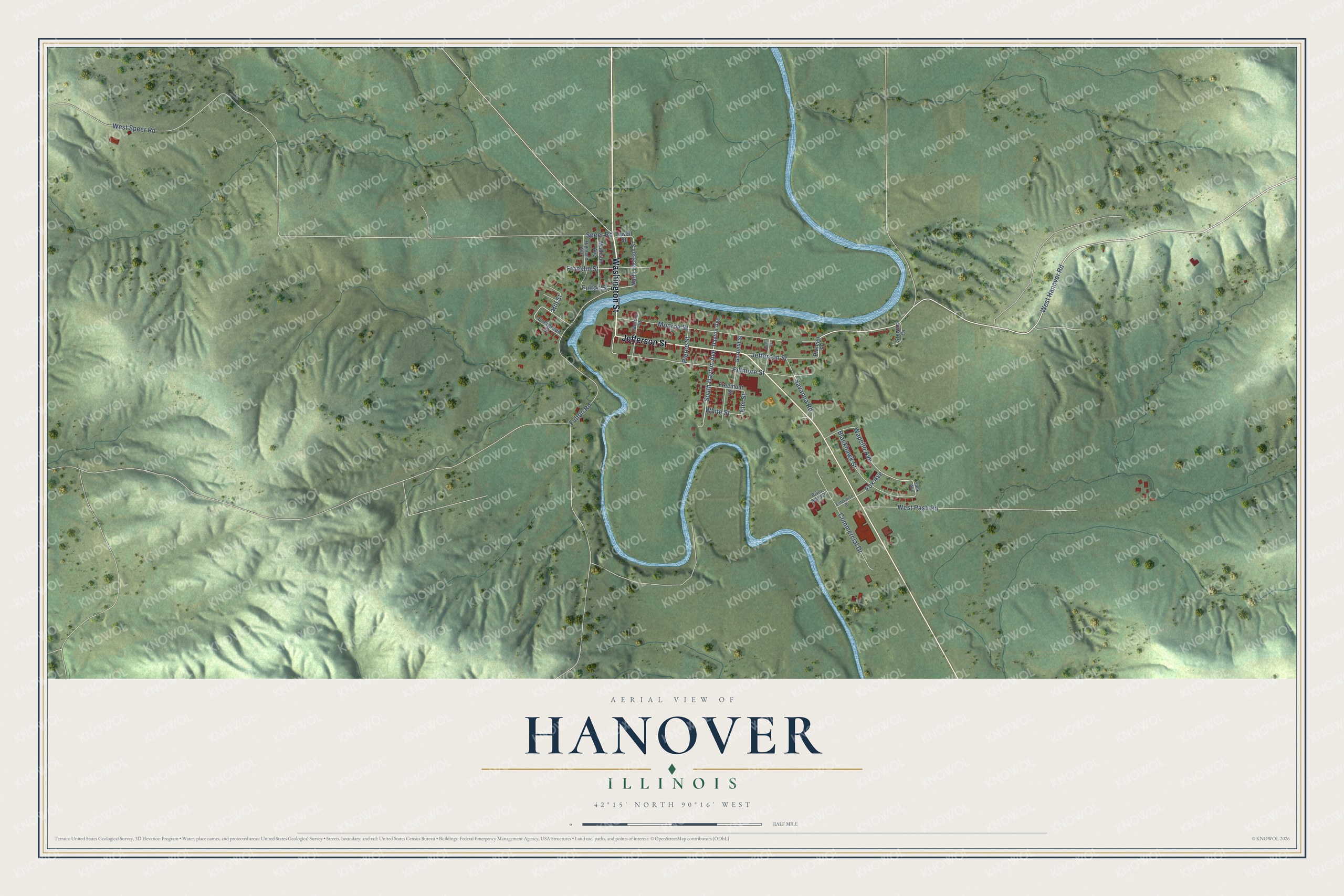 Full map of Hanover, Illinois, with red buildings, printed street names and the land around them