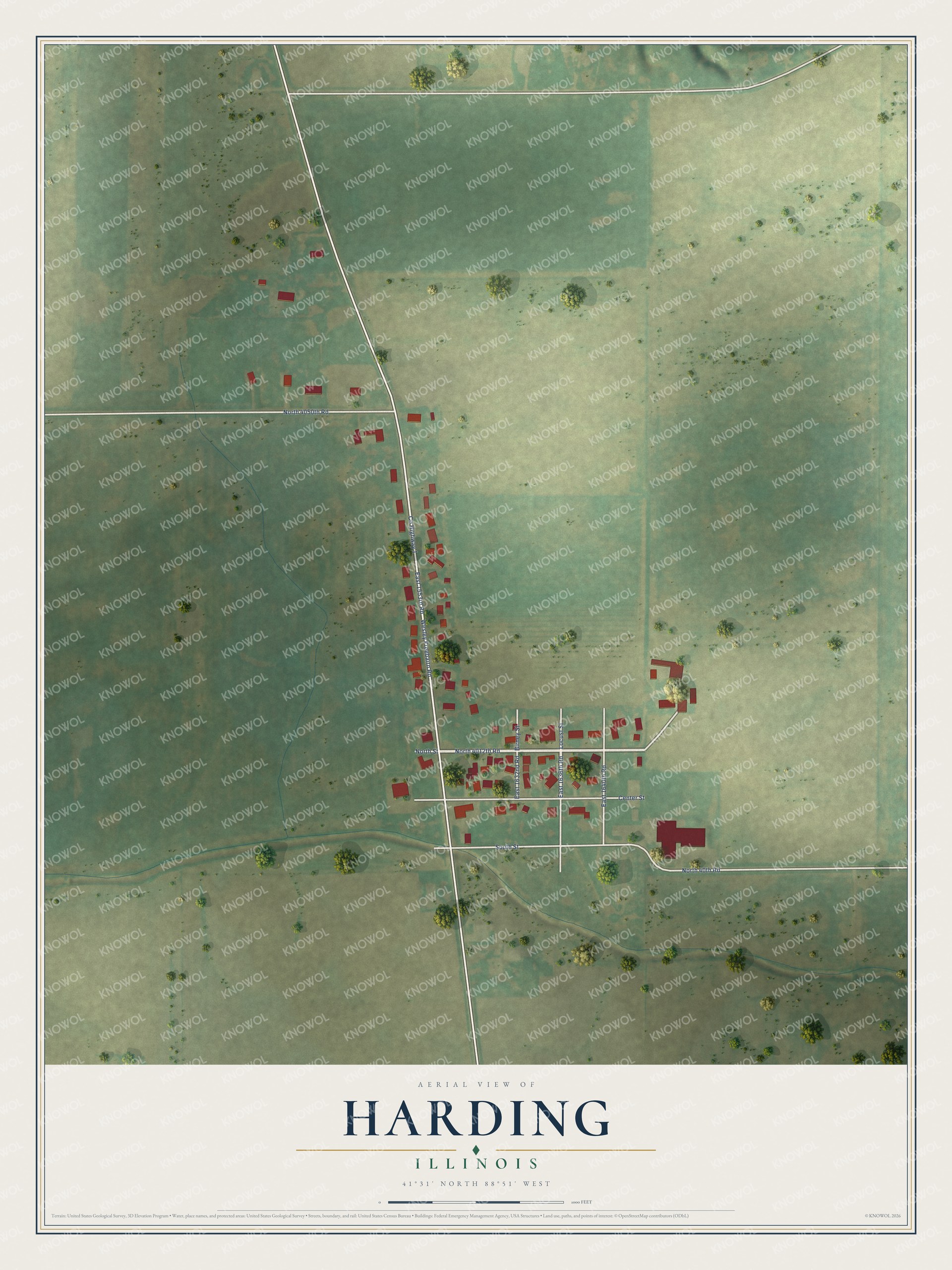 Full map of Harding, Illinois, with red buildings, printed street names and the land around them