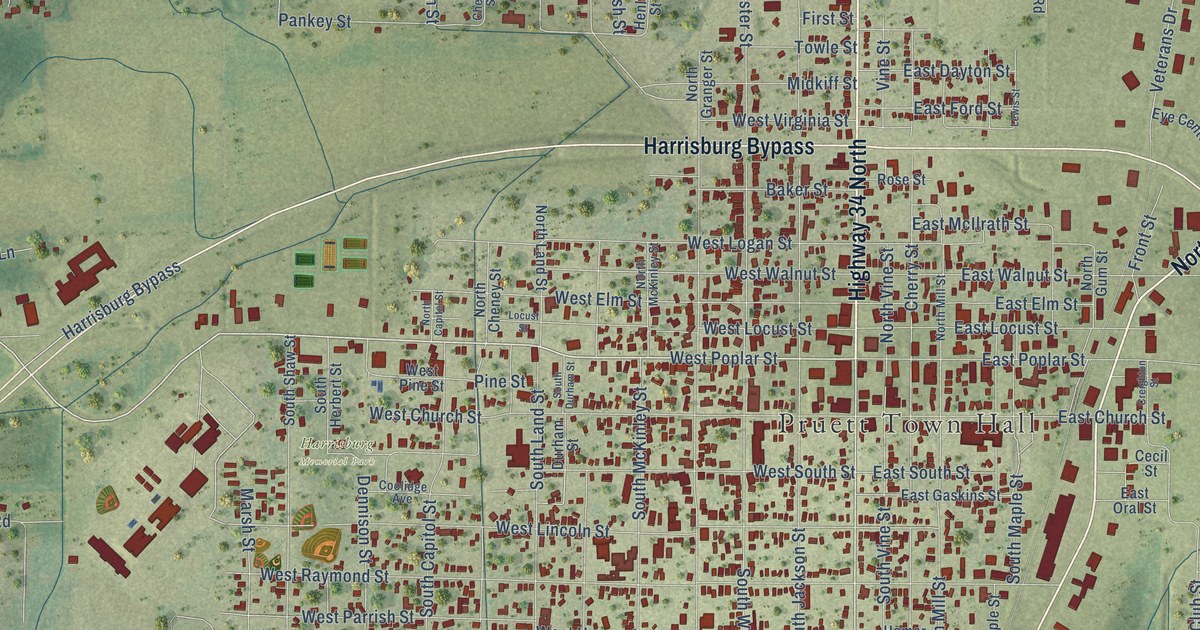 Map of Harrisburg, Illinois in 2026