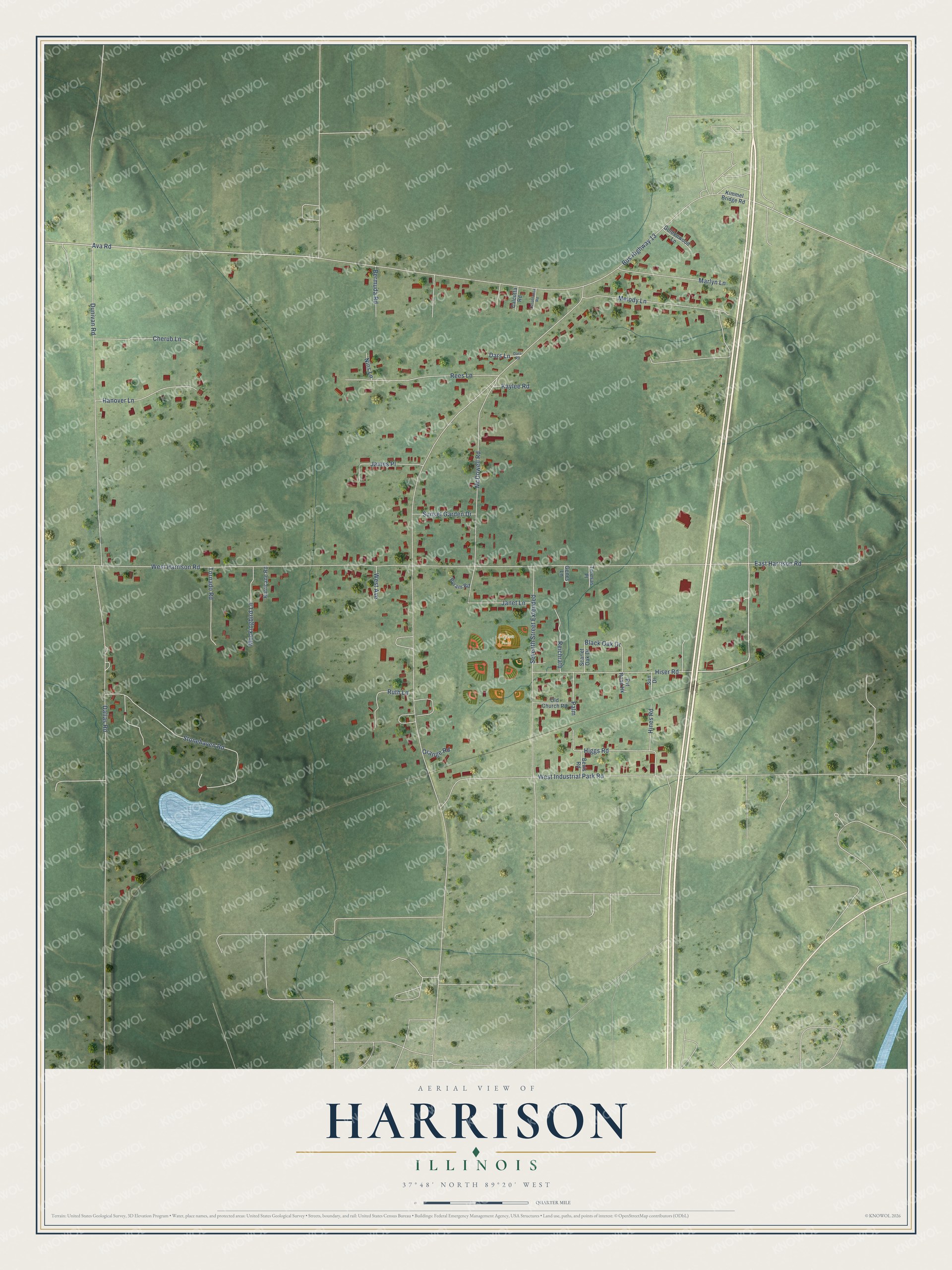 Full map of Harrison, Illinois, with red buildings, printed street names and the land around them