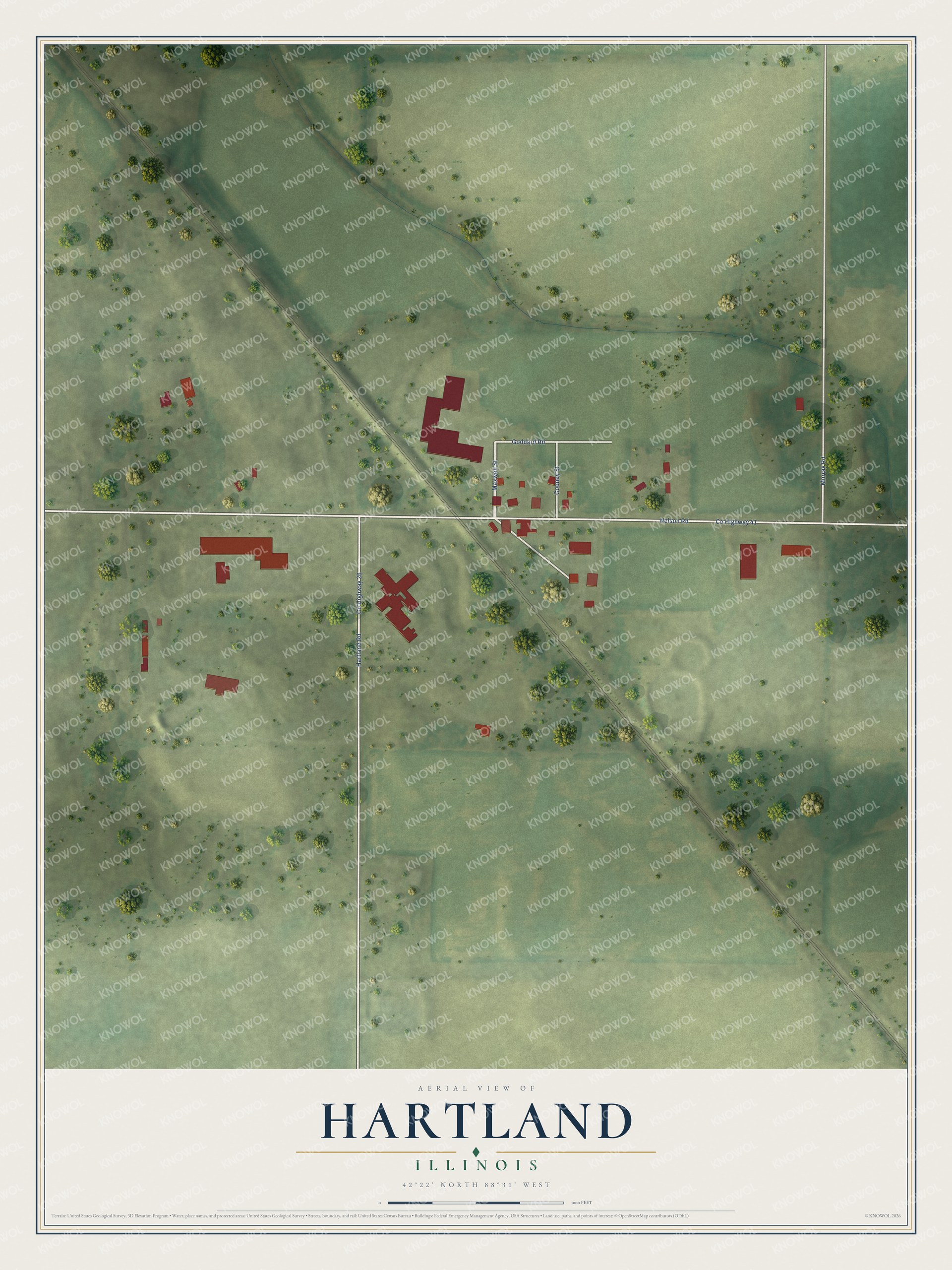 Full map of Hartland, Illinois, with red buildings, printed street names and the land around them