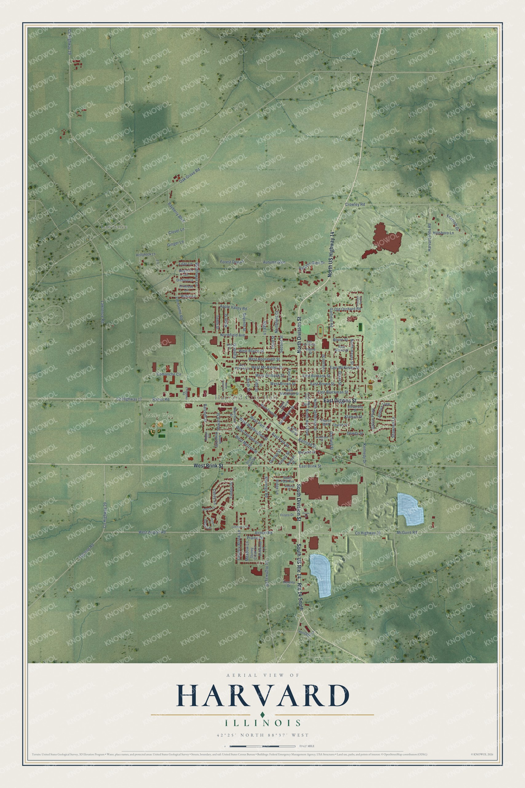 Full map of Harvard, Illinois, with red buildings, printed street names and the land around them