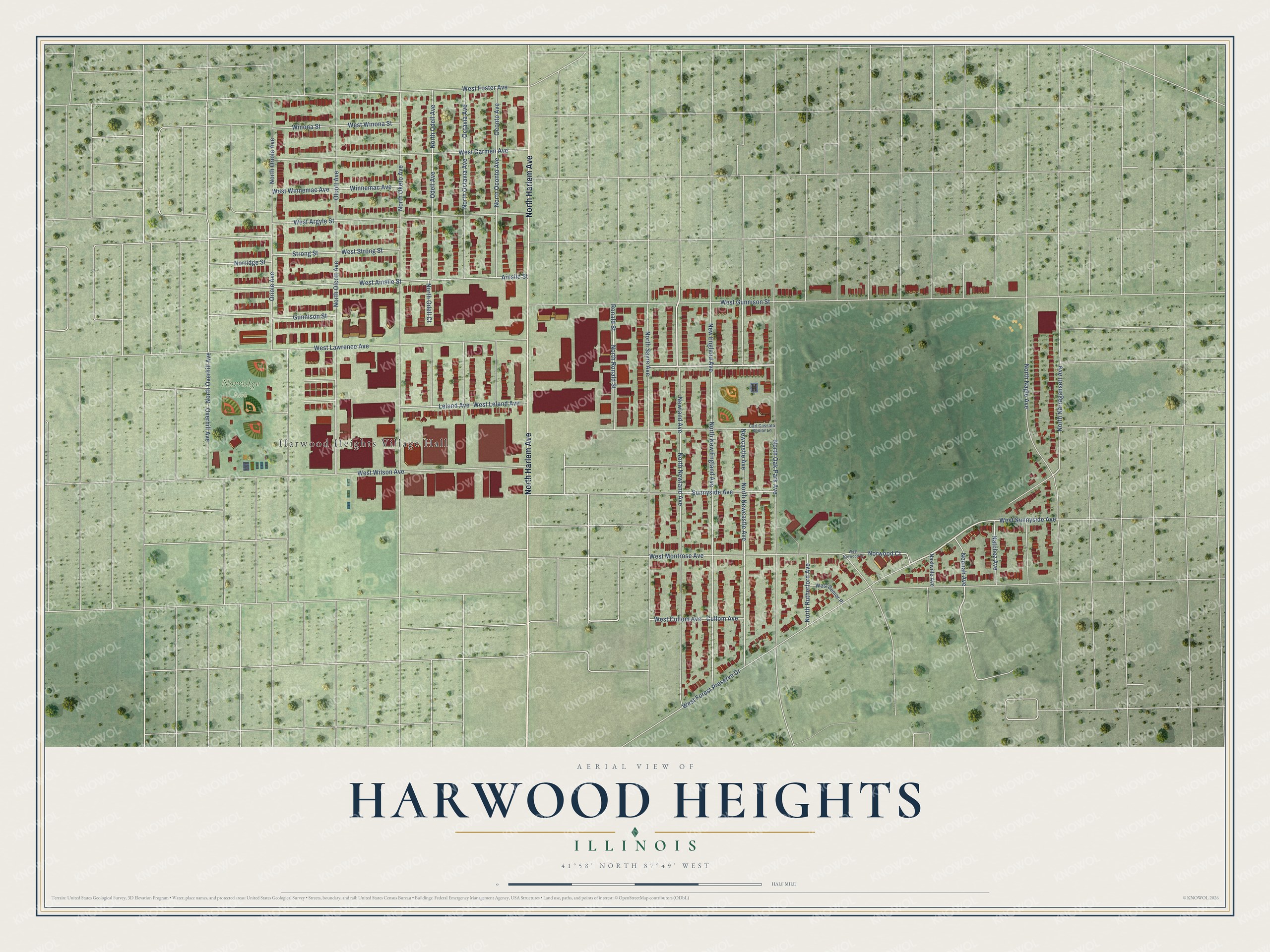 Full map of Harwood Heights, Illinois, with red buildings, printed street names and the land around them