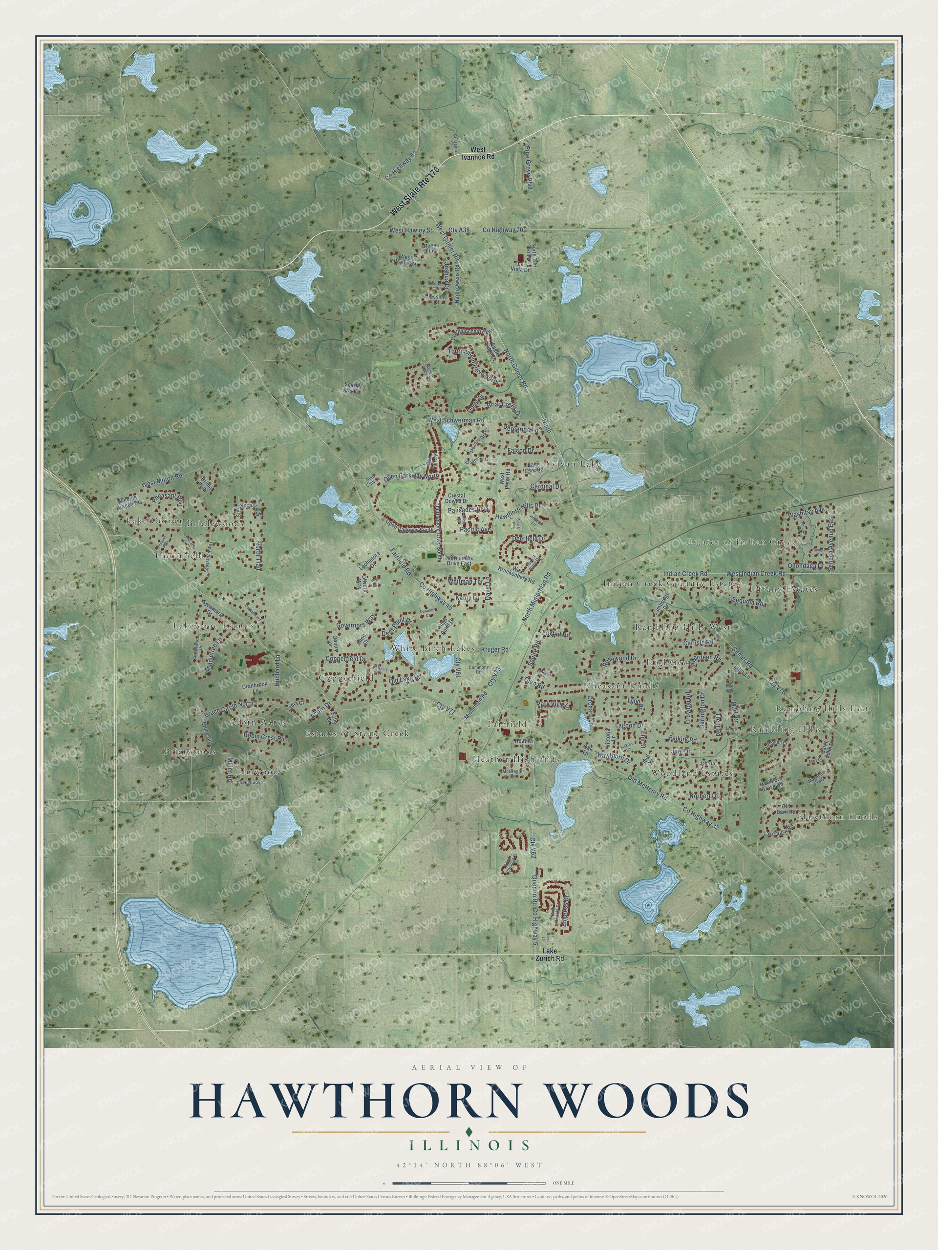 Full map of Hawthorn Woods, Illinois, with red buildings, printed street names and the land around them