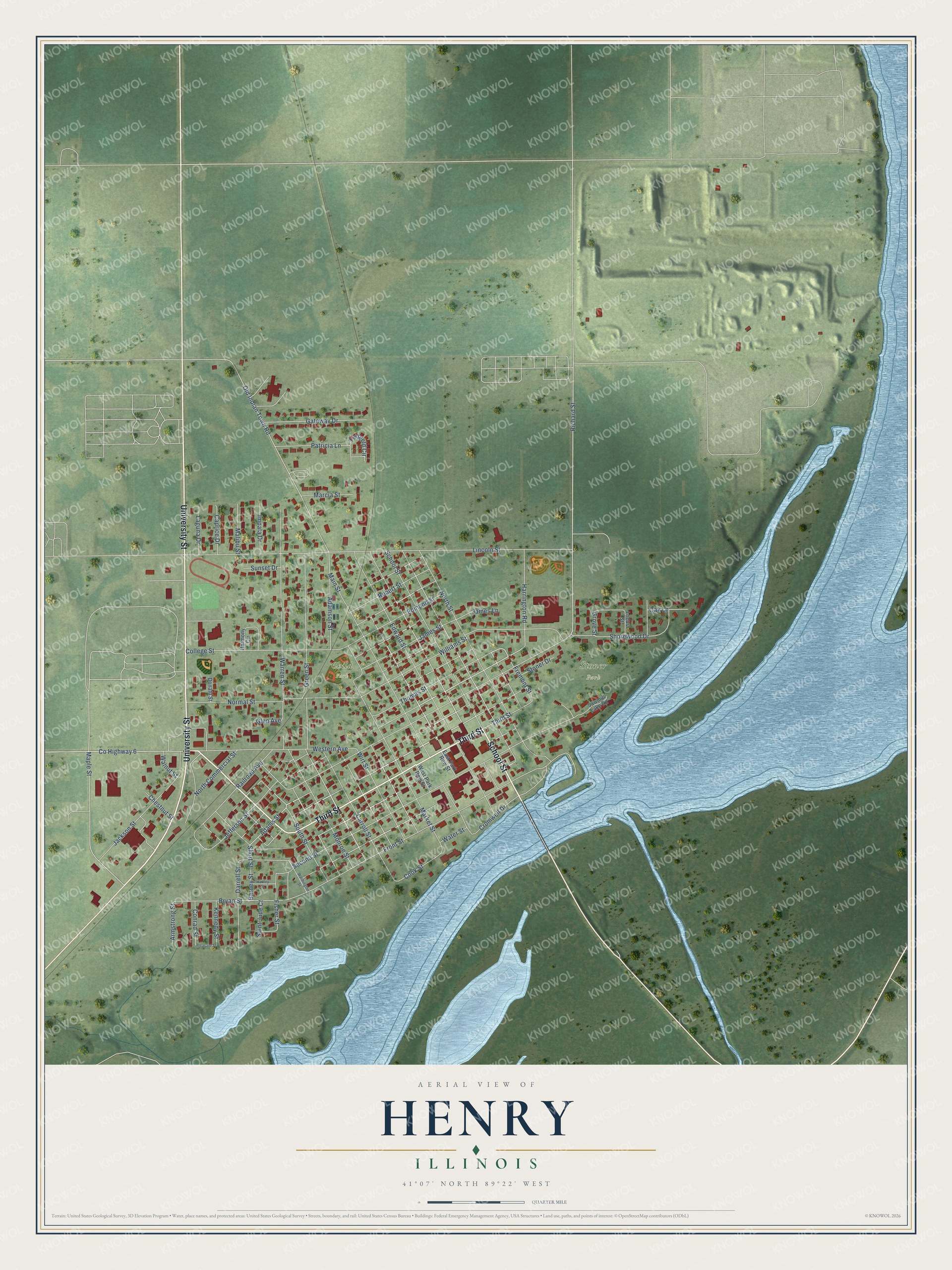 Full map of Henry, Illinois, with red buildings, printed street names and the land around them