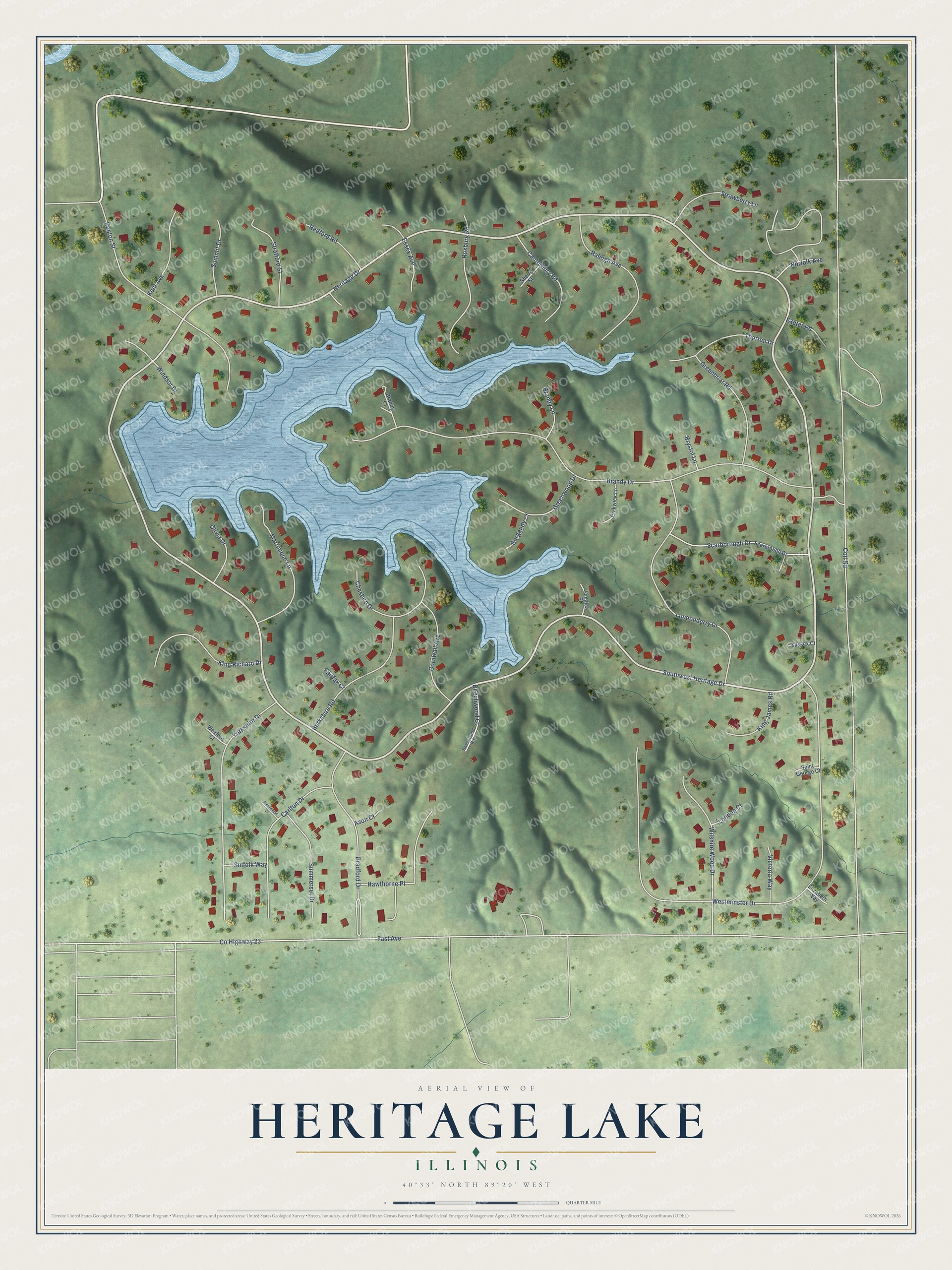 Full map of Heritage Lake, Illinois, with red buildings, printed street names and the land around them