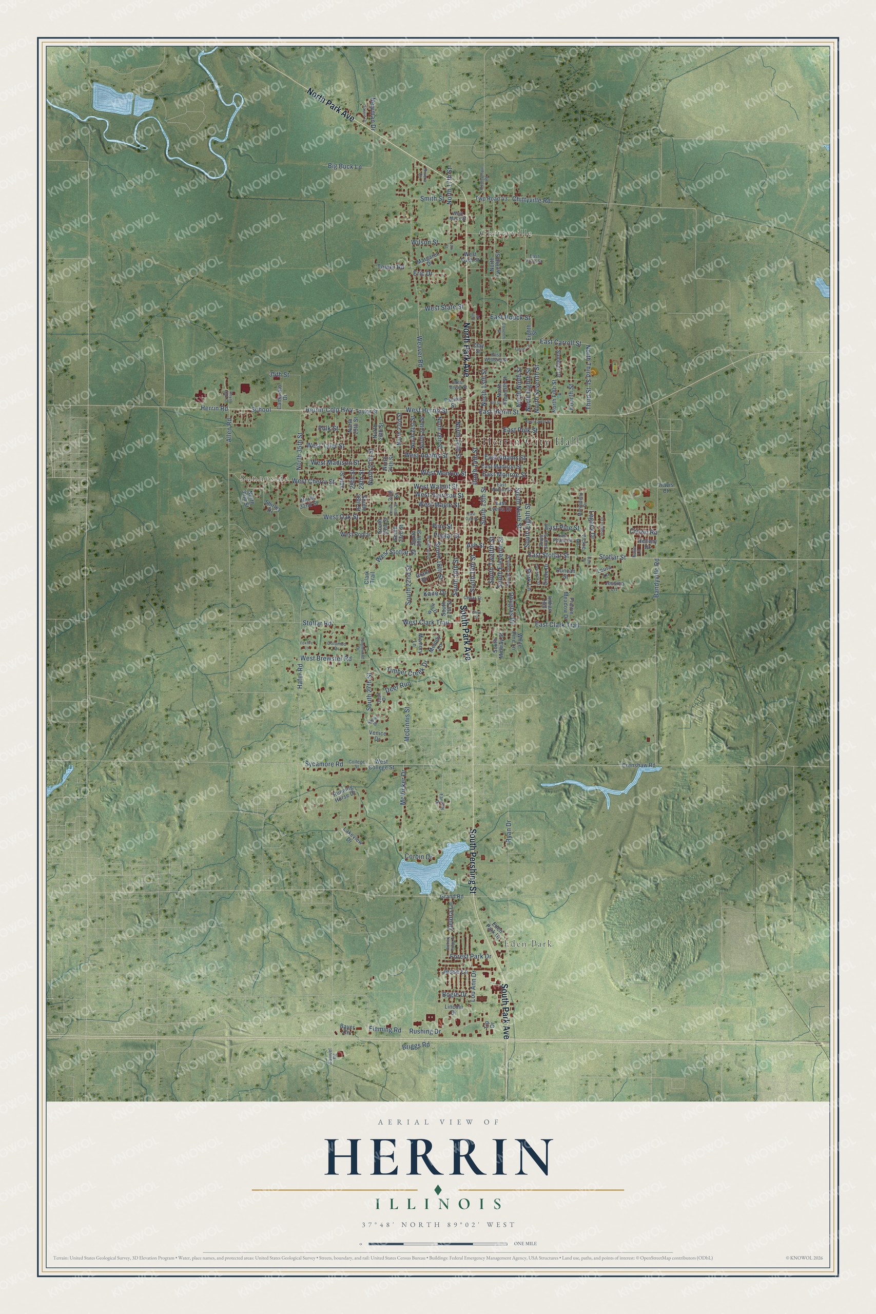 Full map of Herrin, Illinois, with red buildings, printed street names and the land around them