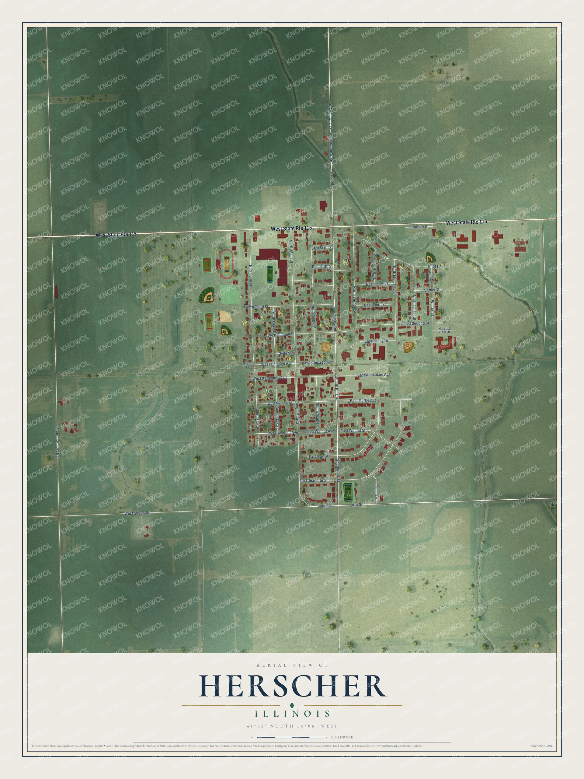 Full map of Herscher, Illinois, with red buildings, printed street names and the land around them