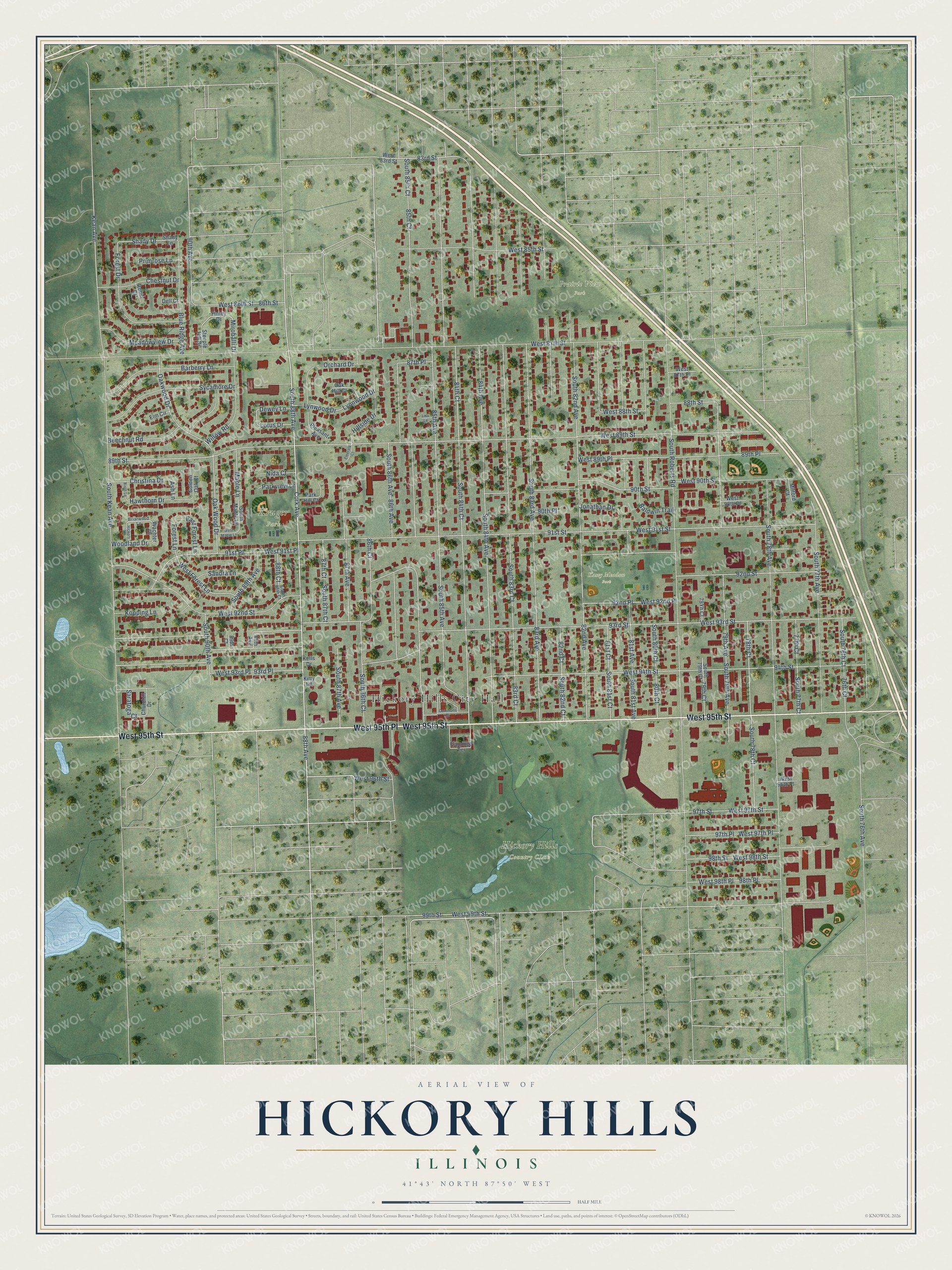 Full map of Hickory Hills, Illinois, with red buildings, printed street names and the land around them
