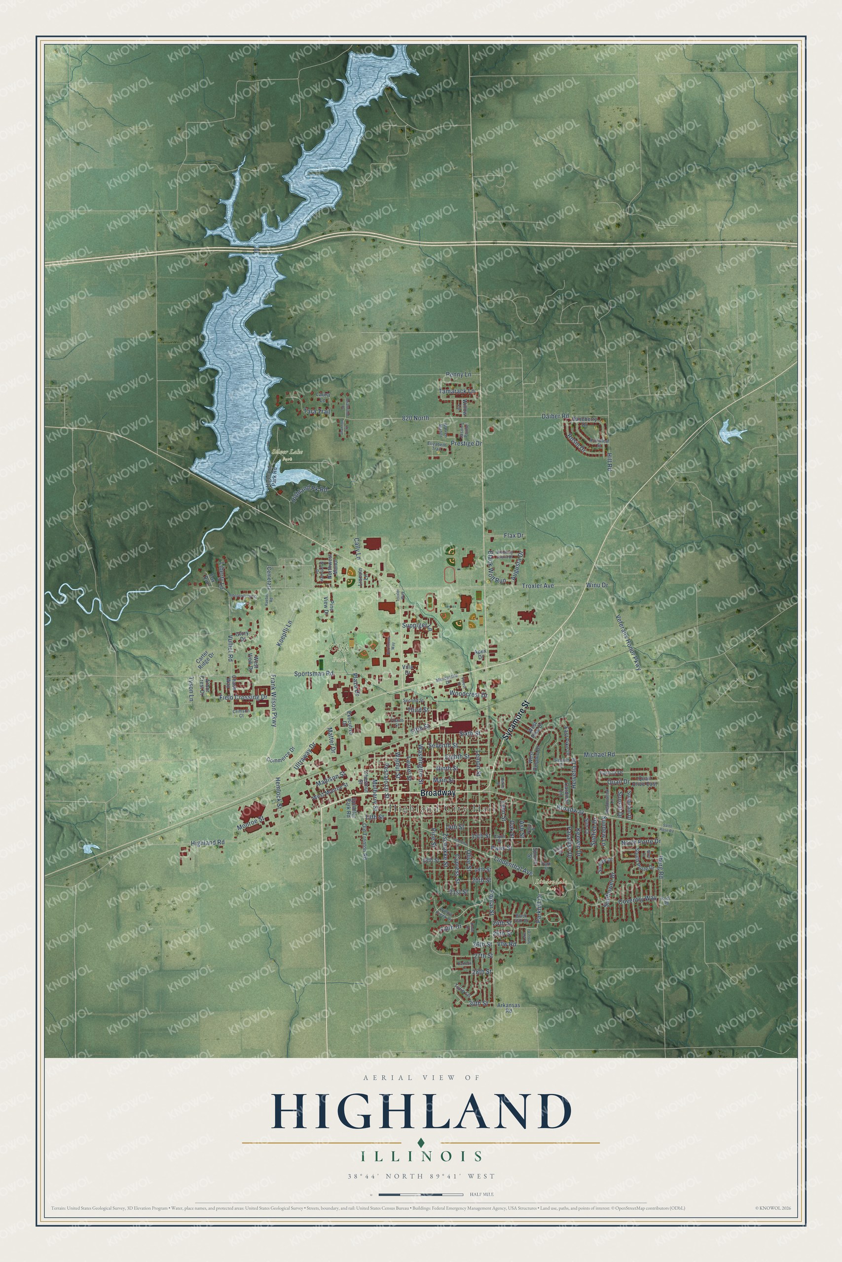 Watermarked full-map preview of Highland, Illinois