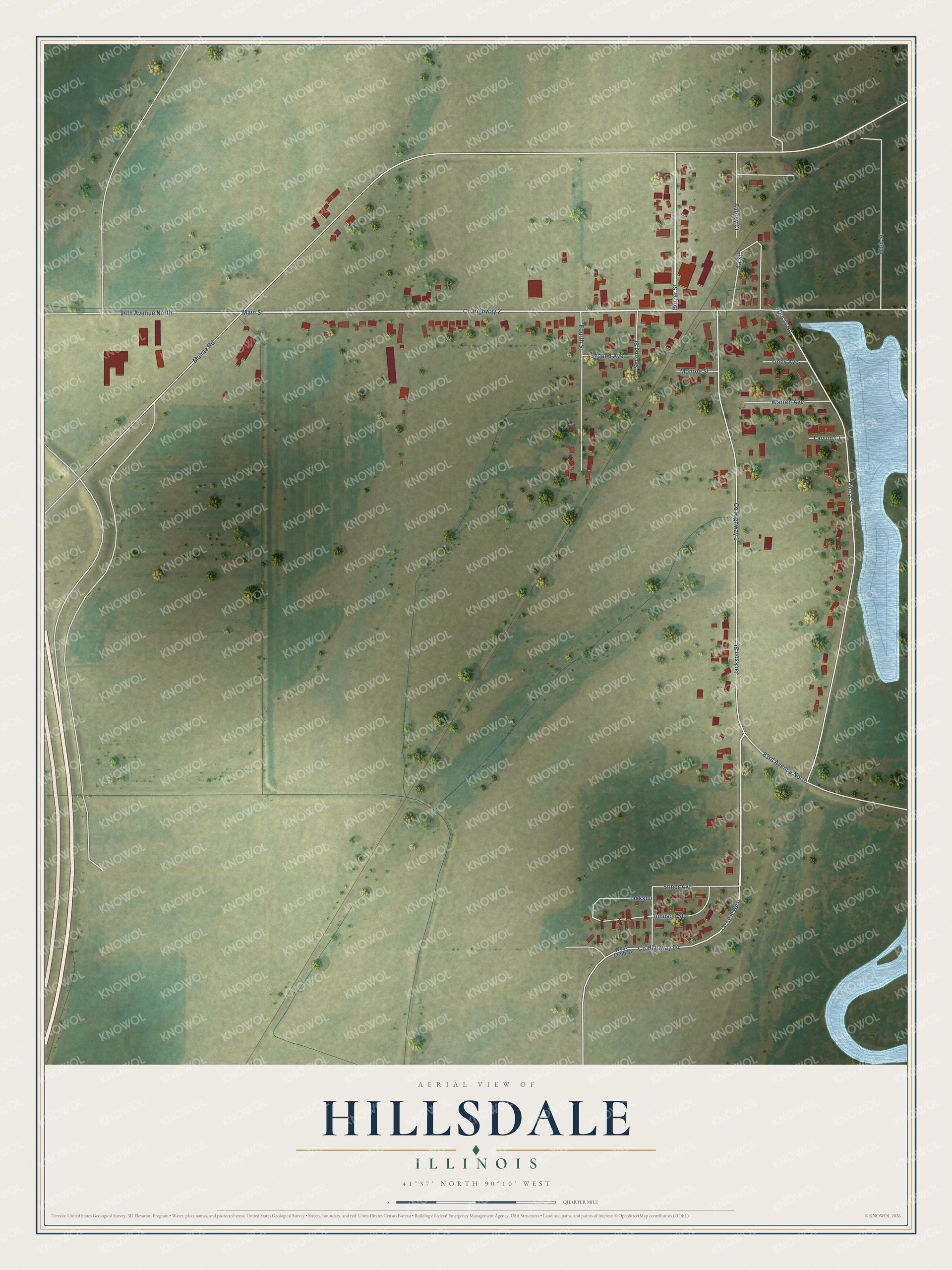 Full map of Hillsdale, Illinois, with red buildings, printed street names and the land around them