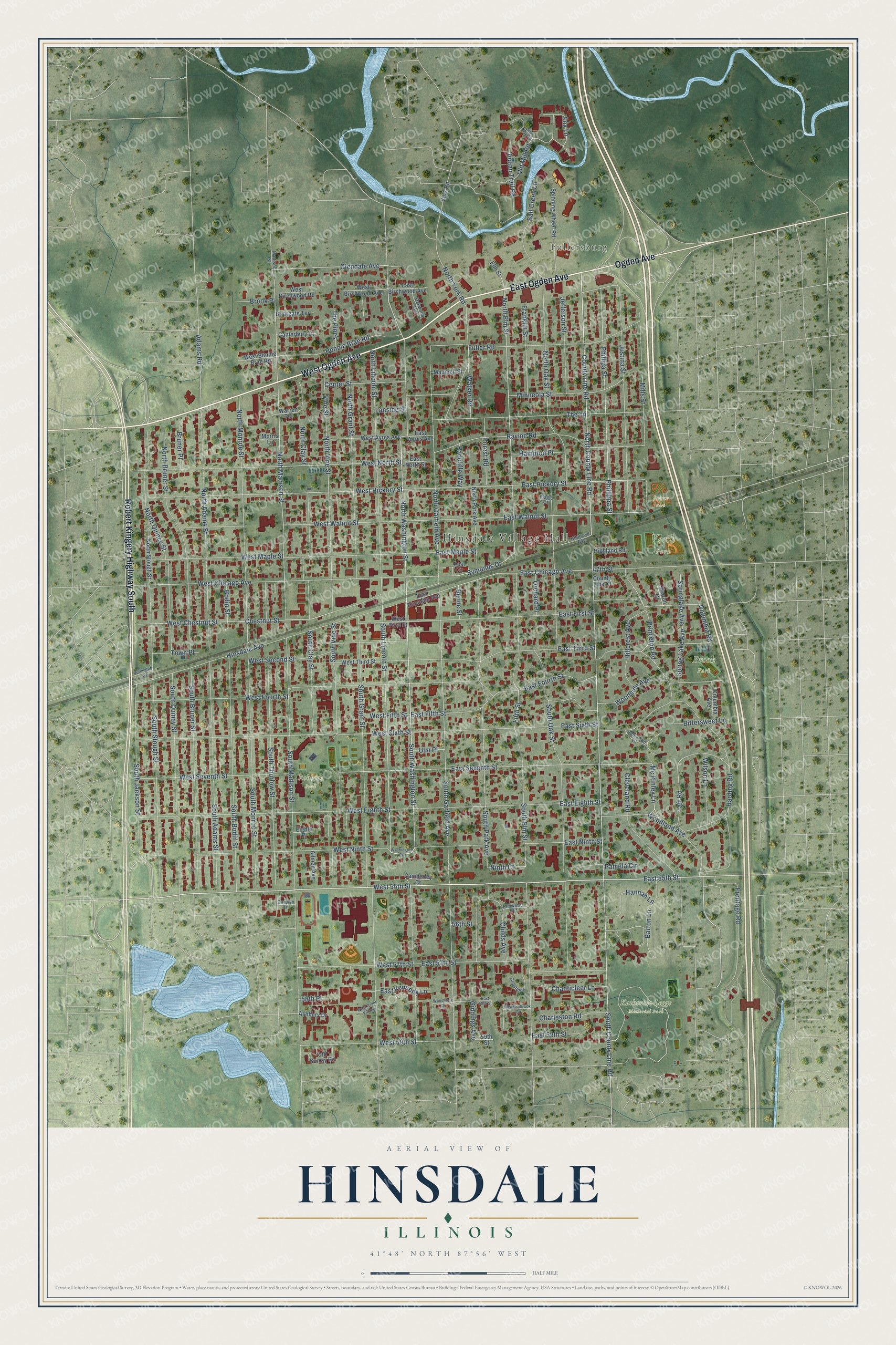 Full map of Hinsdale, Illinois, with red buildings, printed street names and the land around them