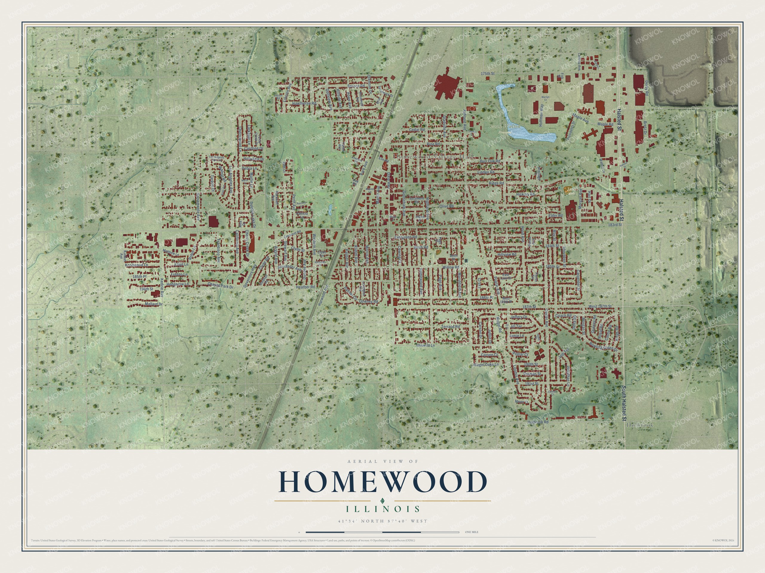Full map of Homewood, Illinois, with red buildings, printed street names and the land around them