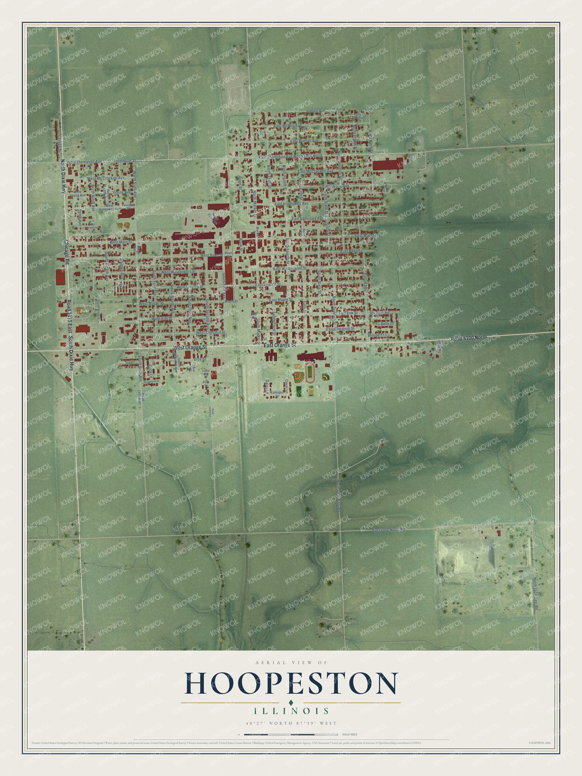 Full map of Hoopeston, Illinois, with red buildings, printed street names and the land around them