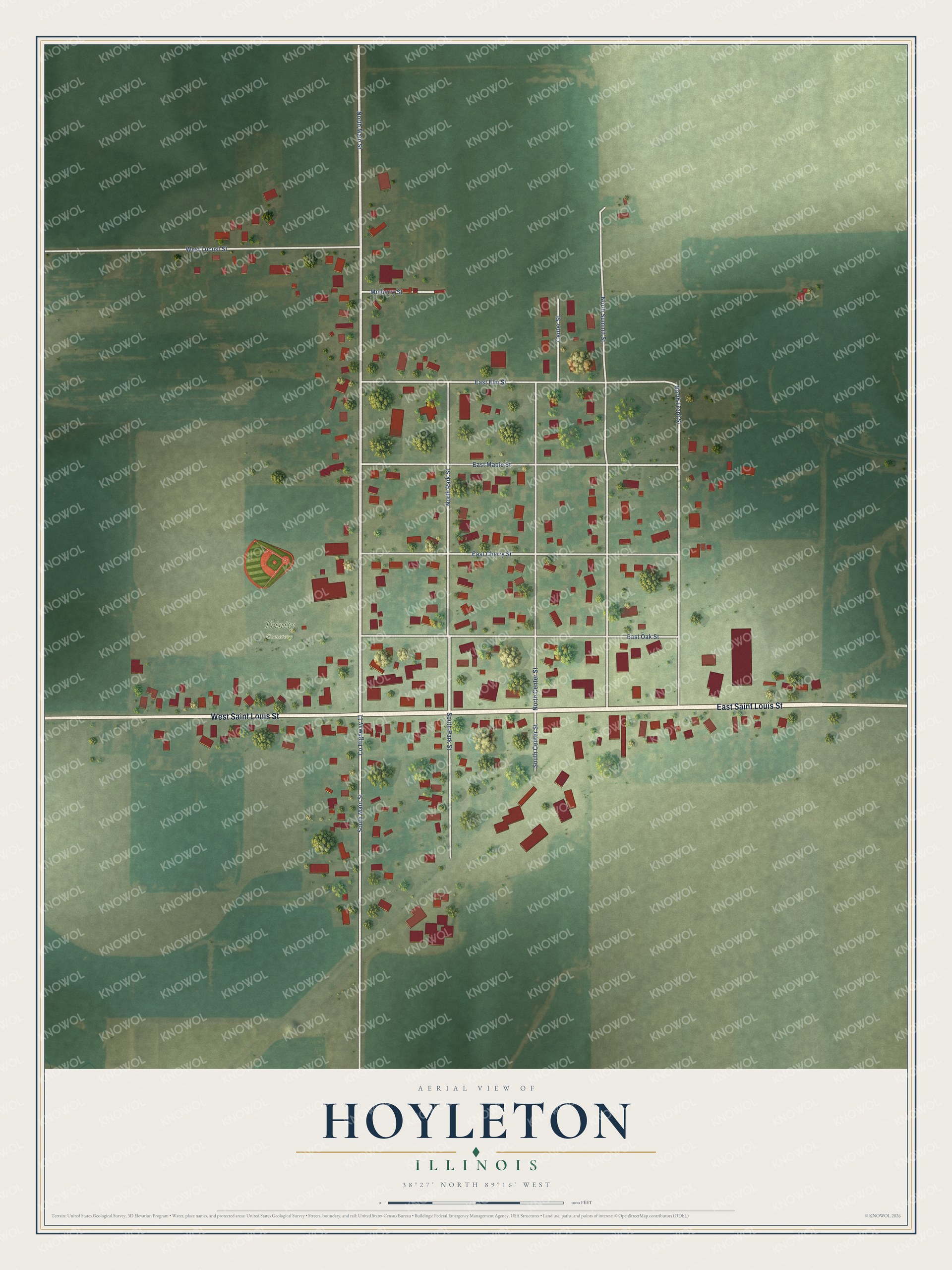 Full map of Hoyleton, Illinois, with red buildings, printed street names and the land around them