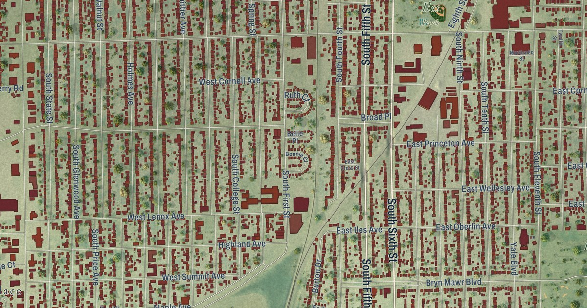 Close-up of streets and buildings in Iles, Illinois