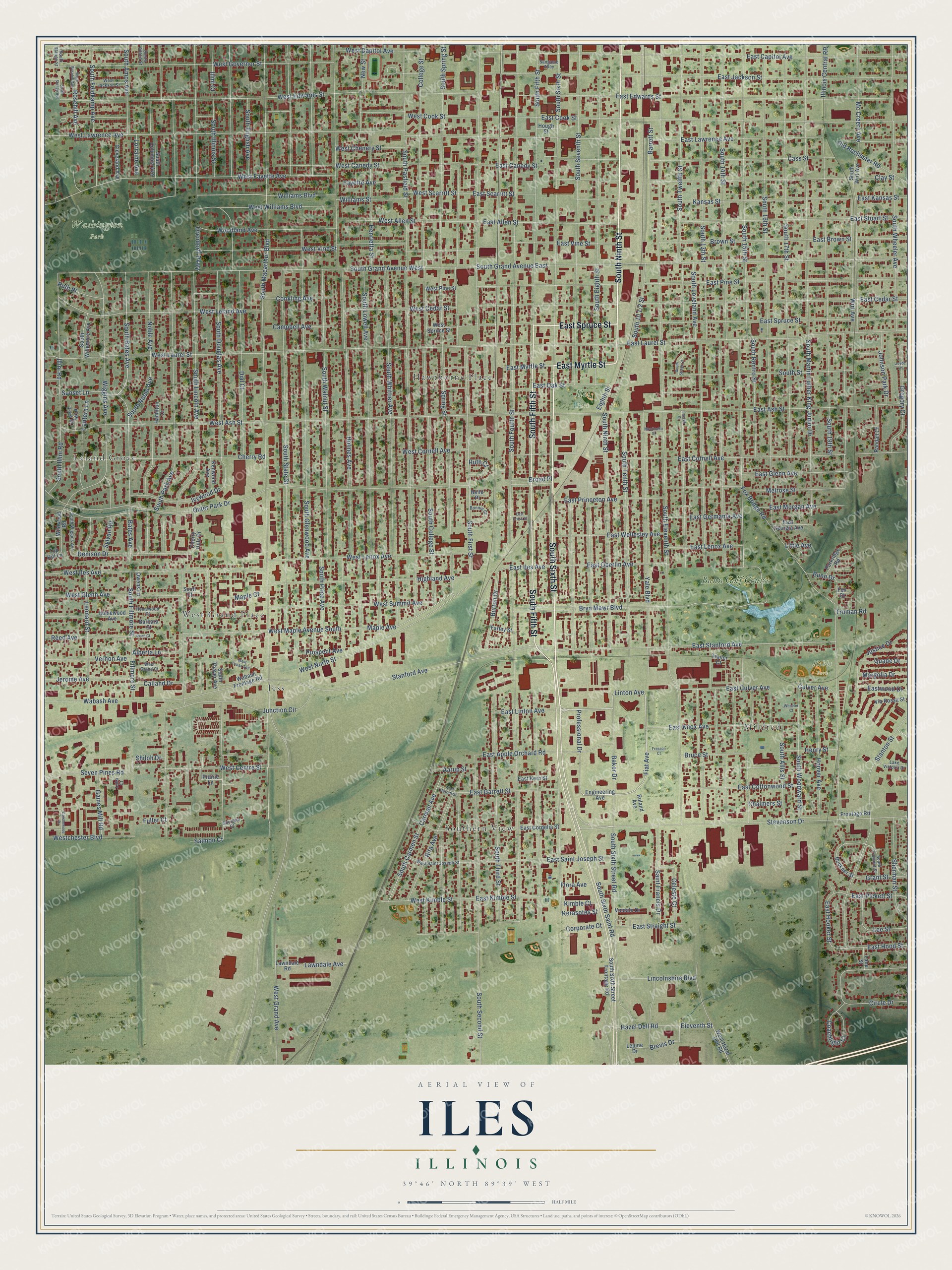 Full map of Iles, Illinois, with red buildings, printed street names and the land around them