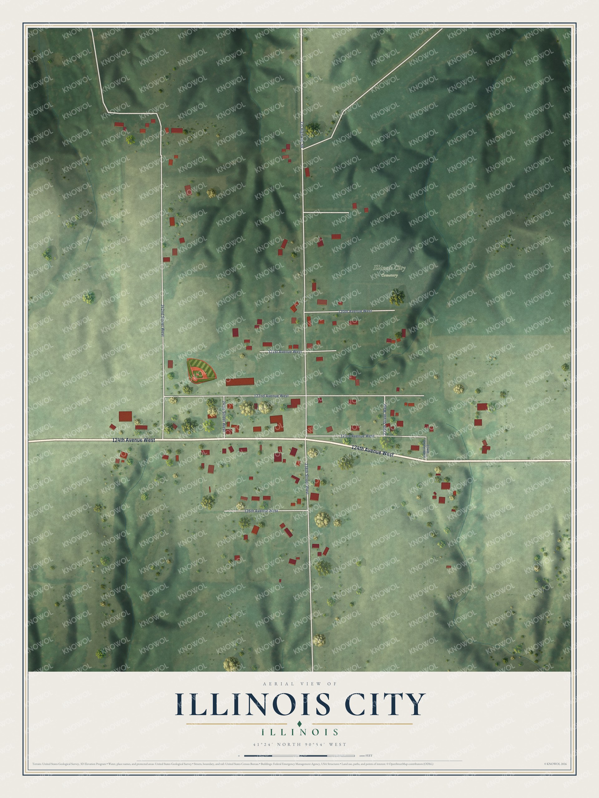 Full map of Illinois City, Illinois, with red buildings, printed street names and the land around them