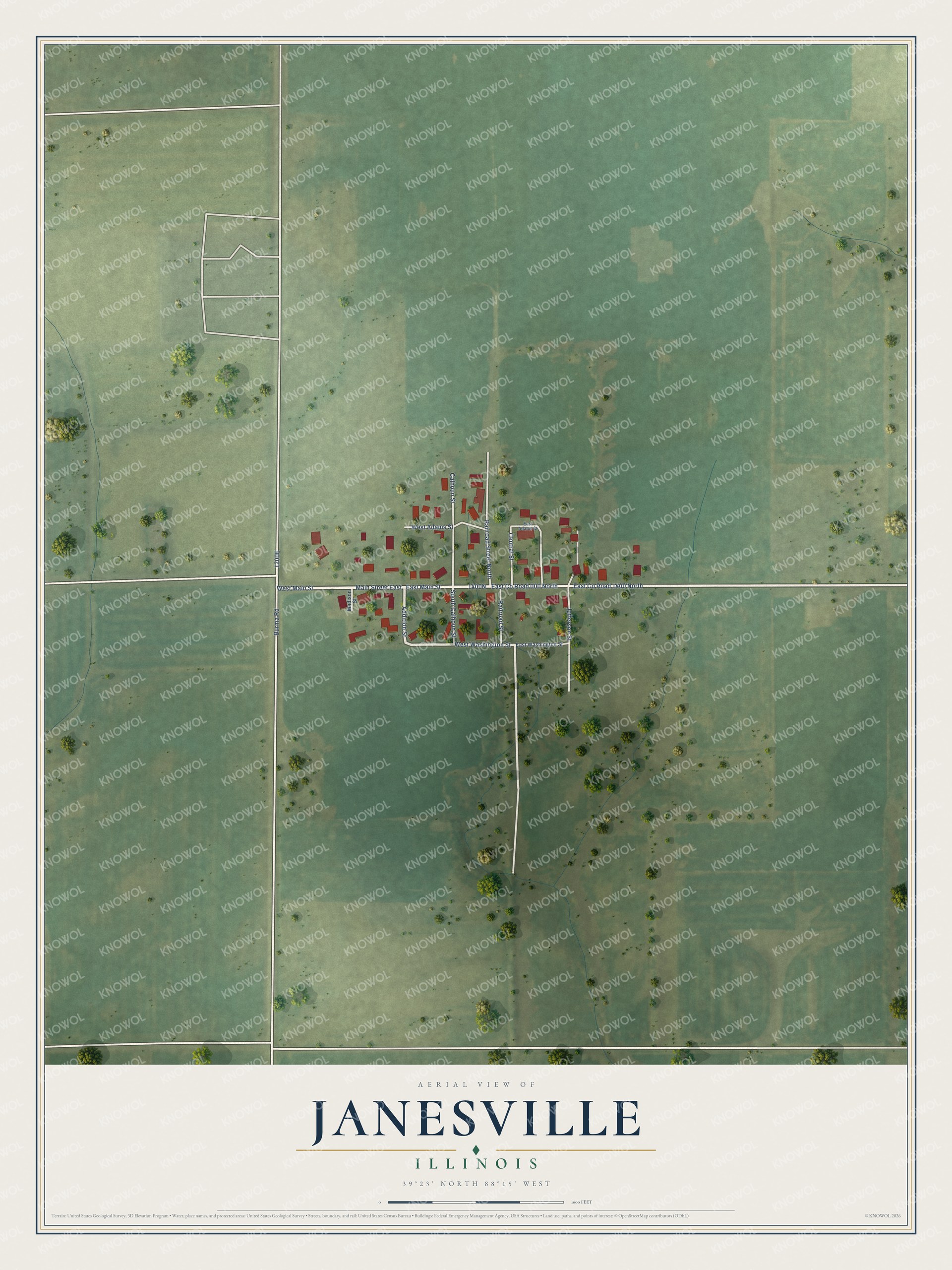 Full map of Janesville, Illinois, with red buildings, printed street names and the land around them