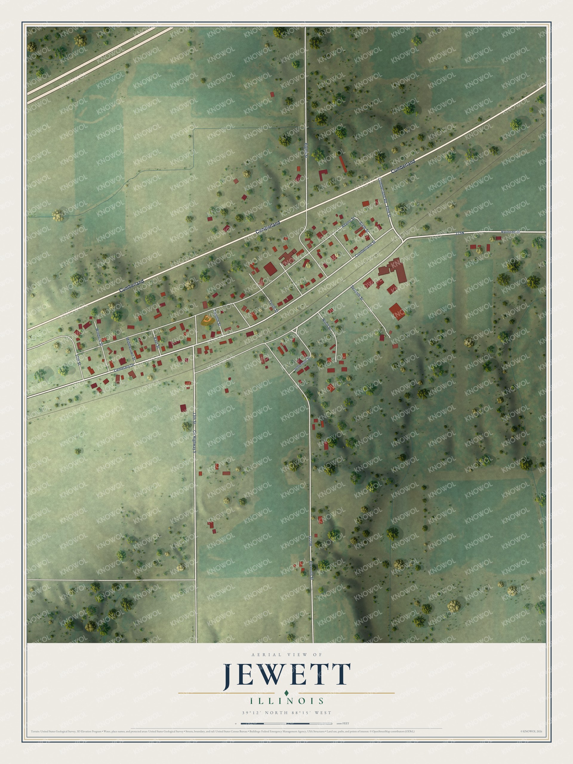 Full map of Jewett, Illinois, with red buildings, printed street names and the land around them