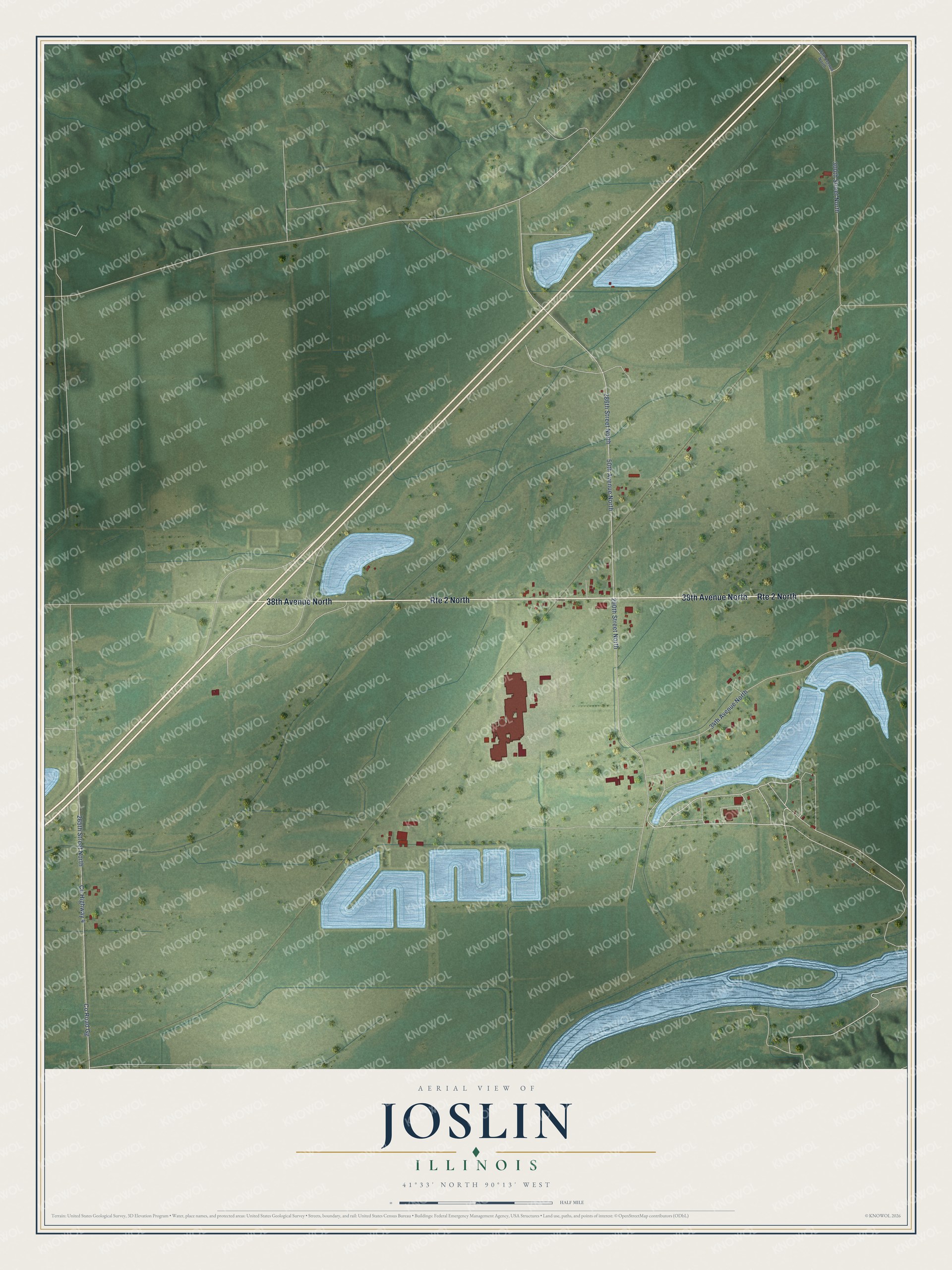 Full map of Joslin, Illinois, with red buildings, printed street names and the land around them