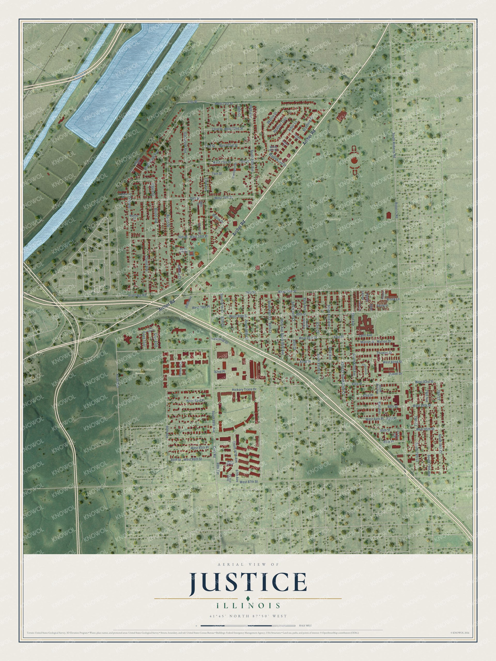 Watermarked full-map preview of Justice, Illinois