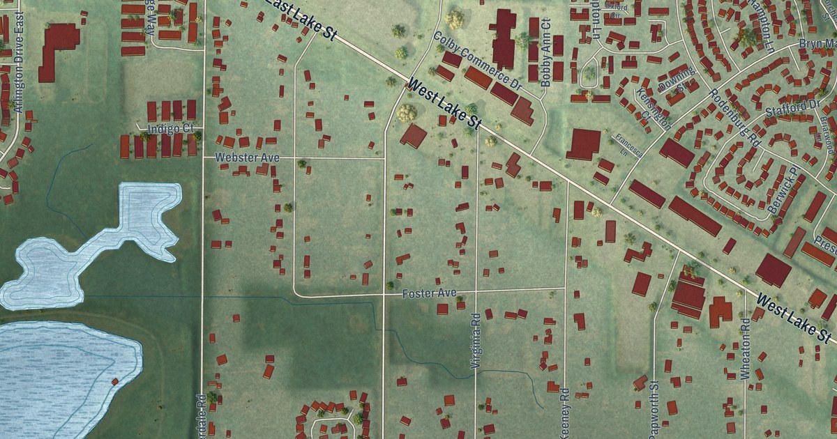 Close-up of streets and buildings in Keeneyville, Illinois