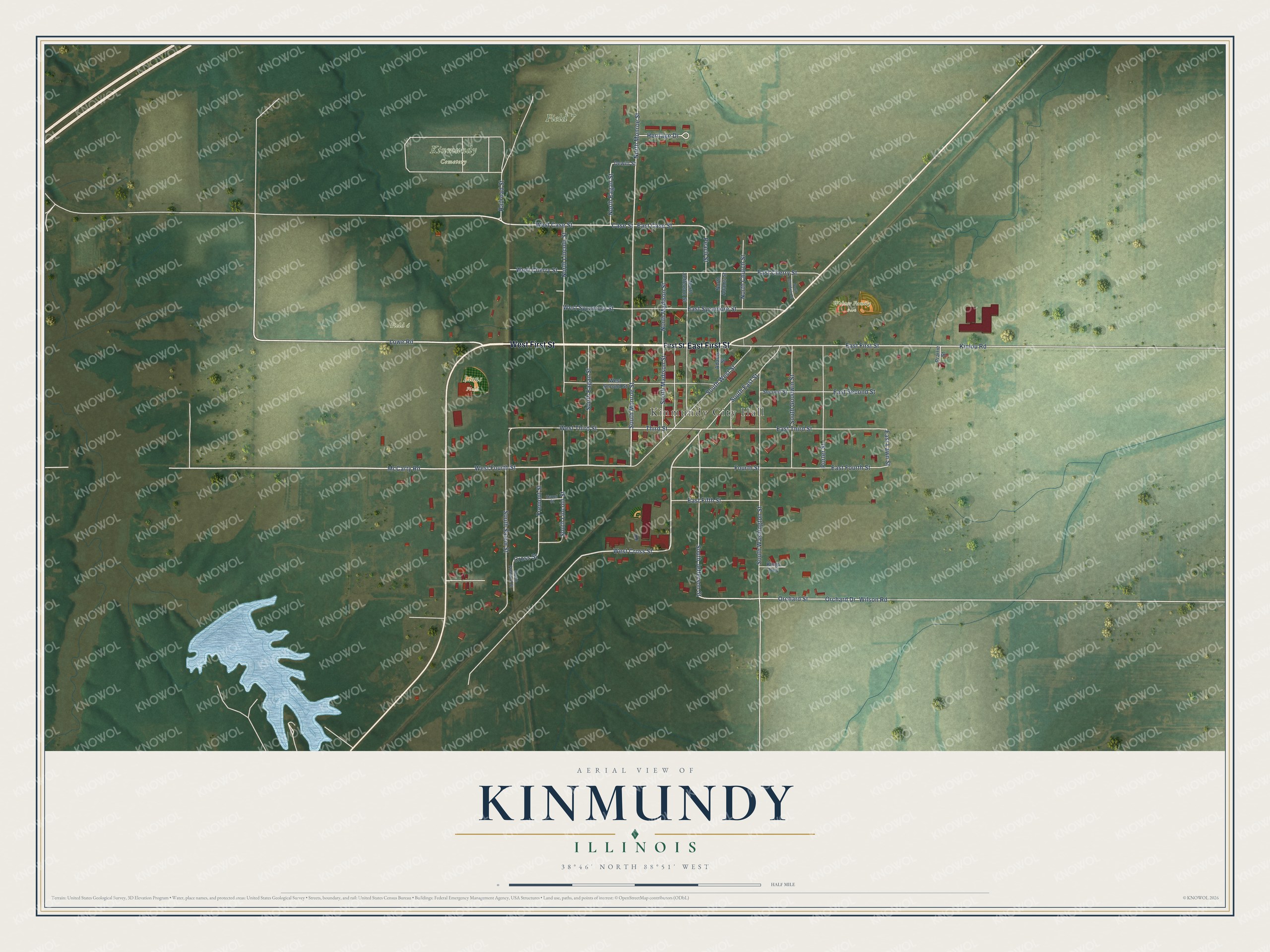 Full map of Kinmundy, Illinois, with red buildings, printed street names and the land around them
