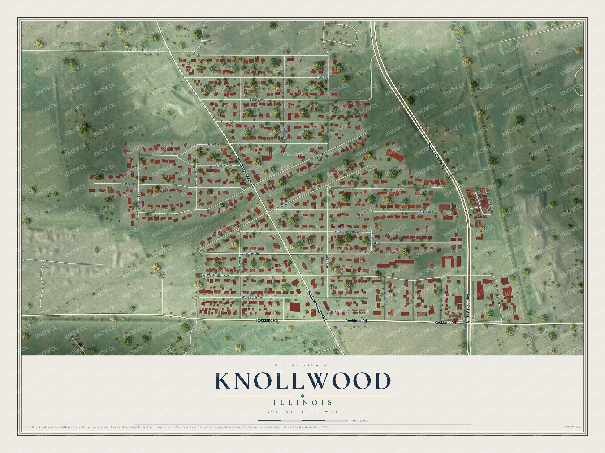 Full map of Knollwood, Illinois, with red buildings, printed street names and the land around them