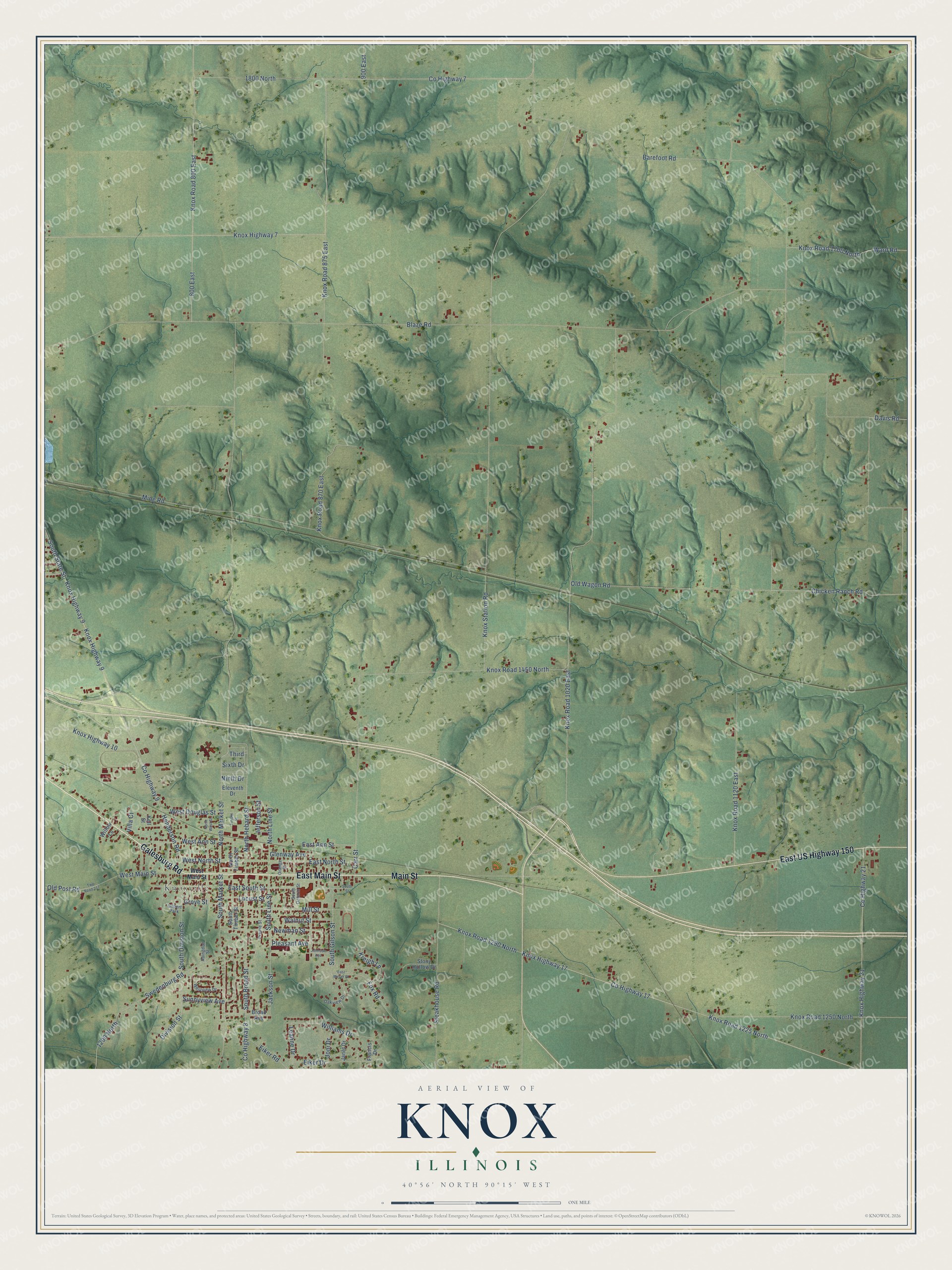 Full map of Knox, Illinois, with red buildings, printed street names and the land around them