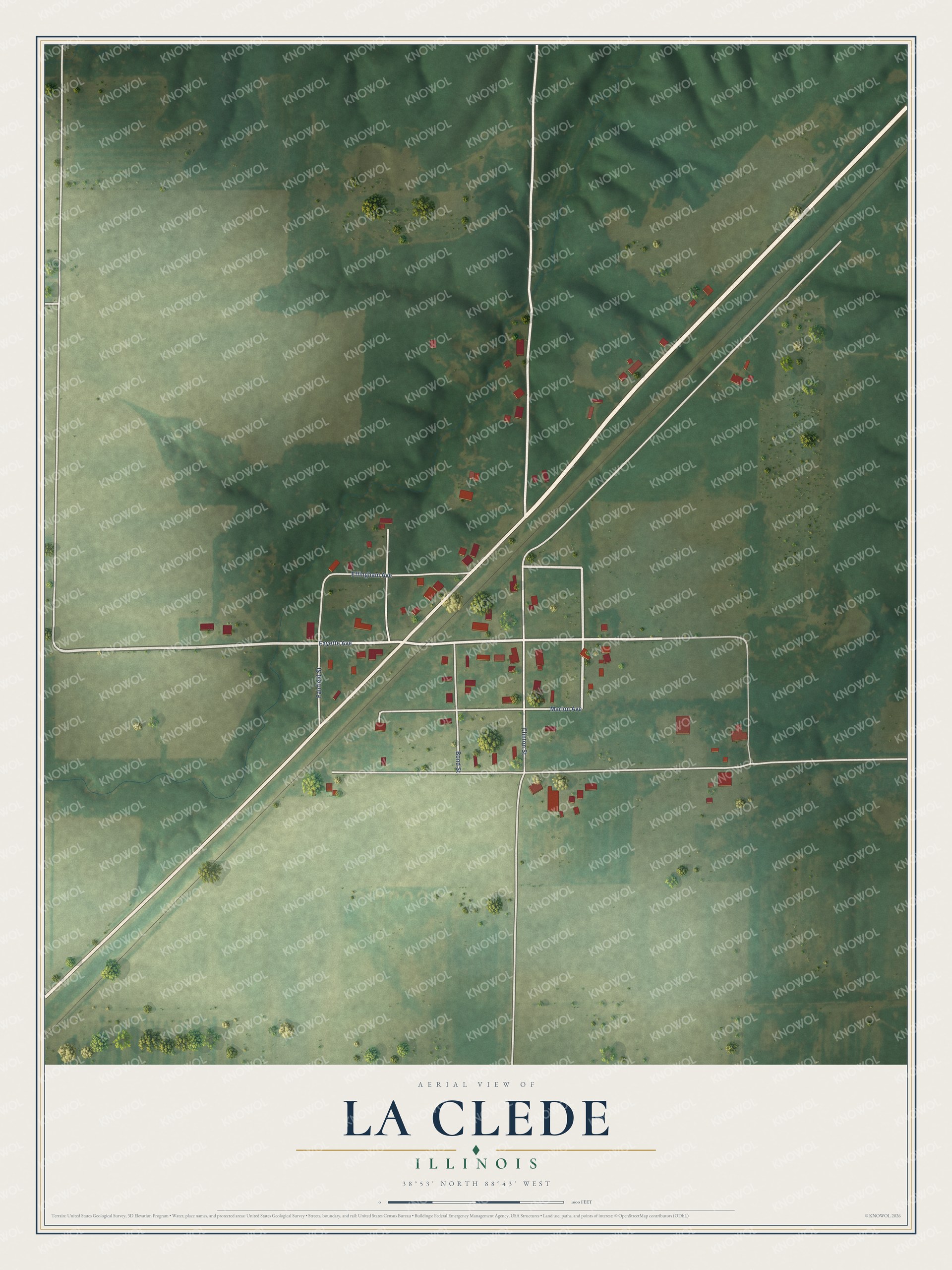 Full map of La Clede, Illinois, with red buildings, printed street names and the land around them