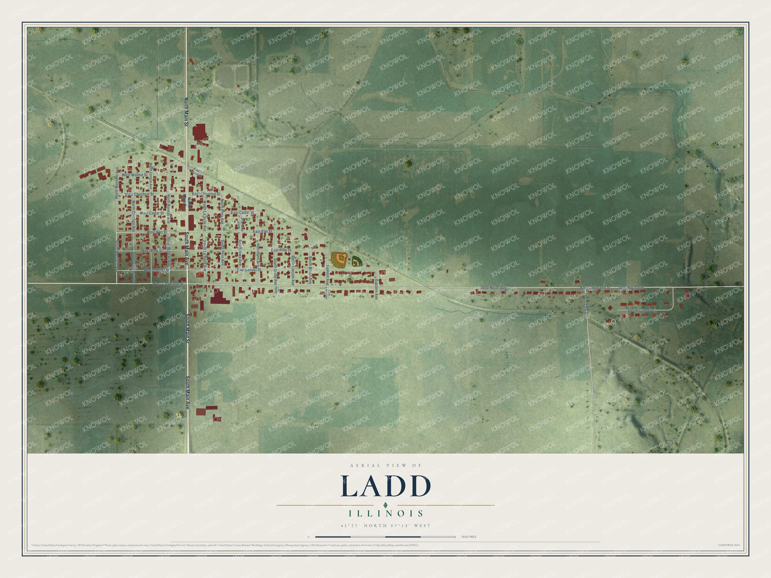 Full map of Ladd, Illinois, with red buildings, printed street names and the land around them