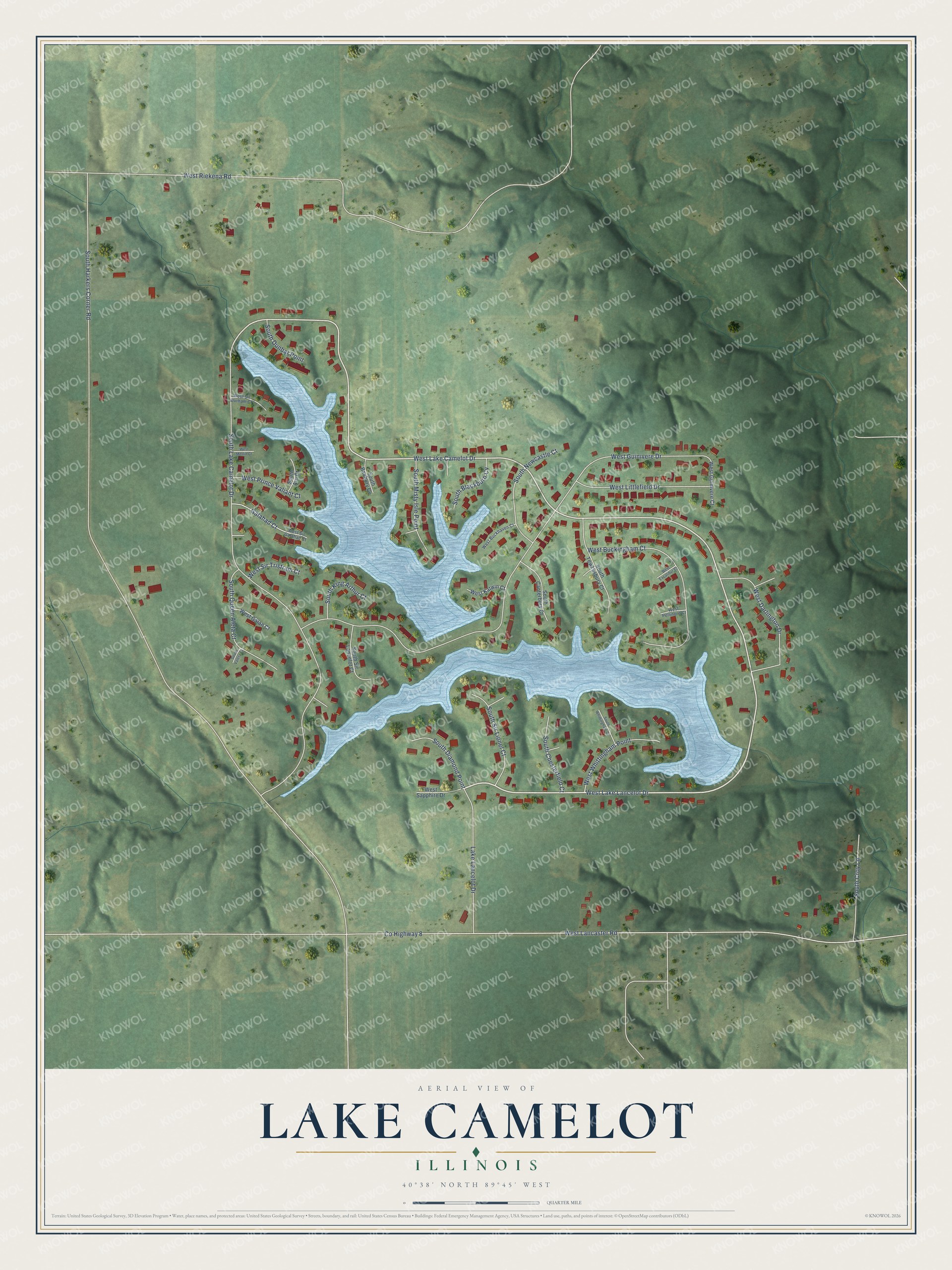 Full map of Lake Camelot, Illinois, with red buildings, printed street names and the land around them