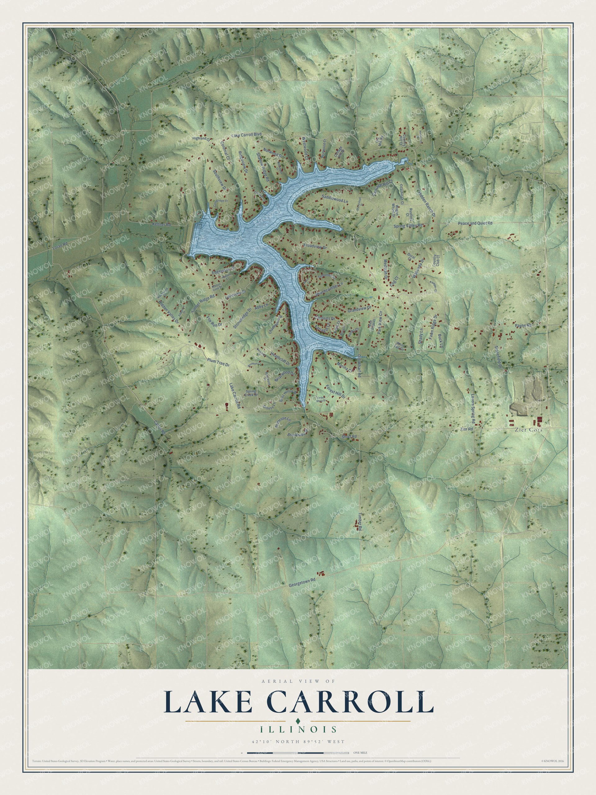 Full map of Lake Carroll, Illinois, with red buildings, printed street names and the land around them
