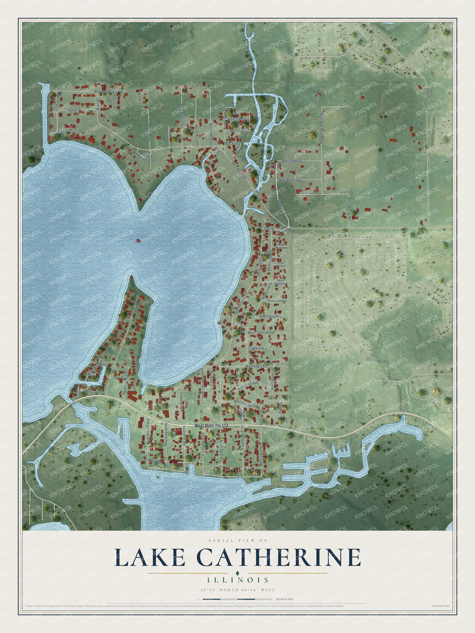 Full map of Lake Catherine, Illinois, with red buildings, printed street names and the land around them