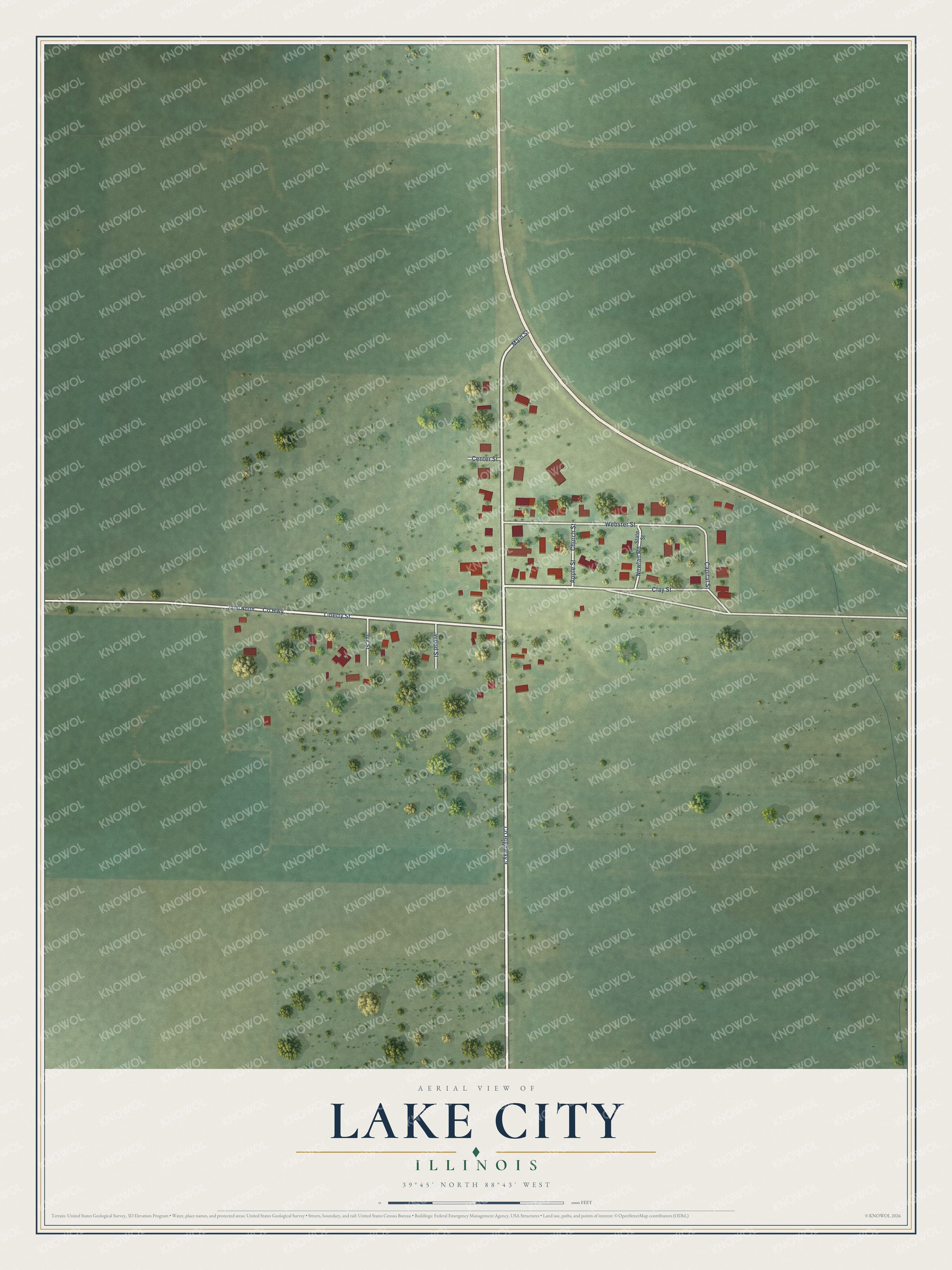 Full map of Lake City, Illinois, with red buildings, printed street names and the land around them