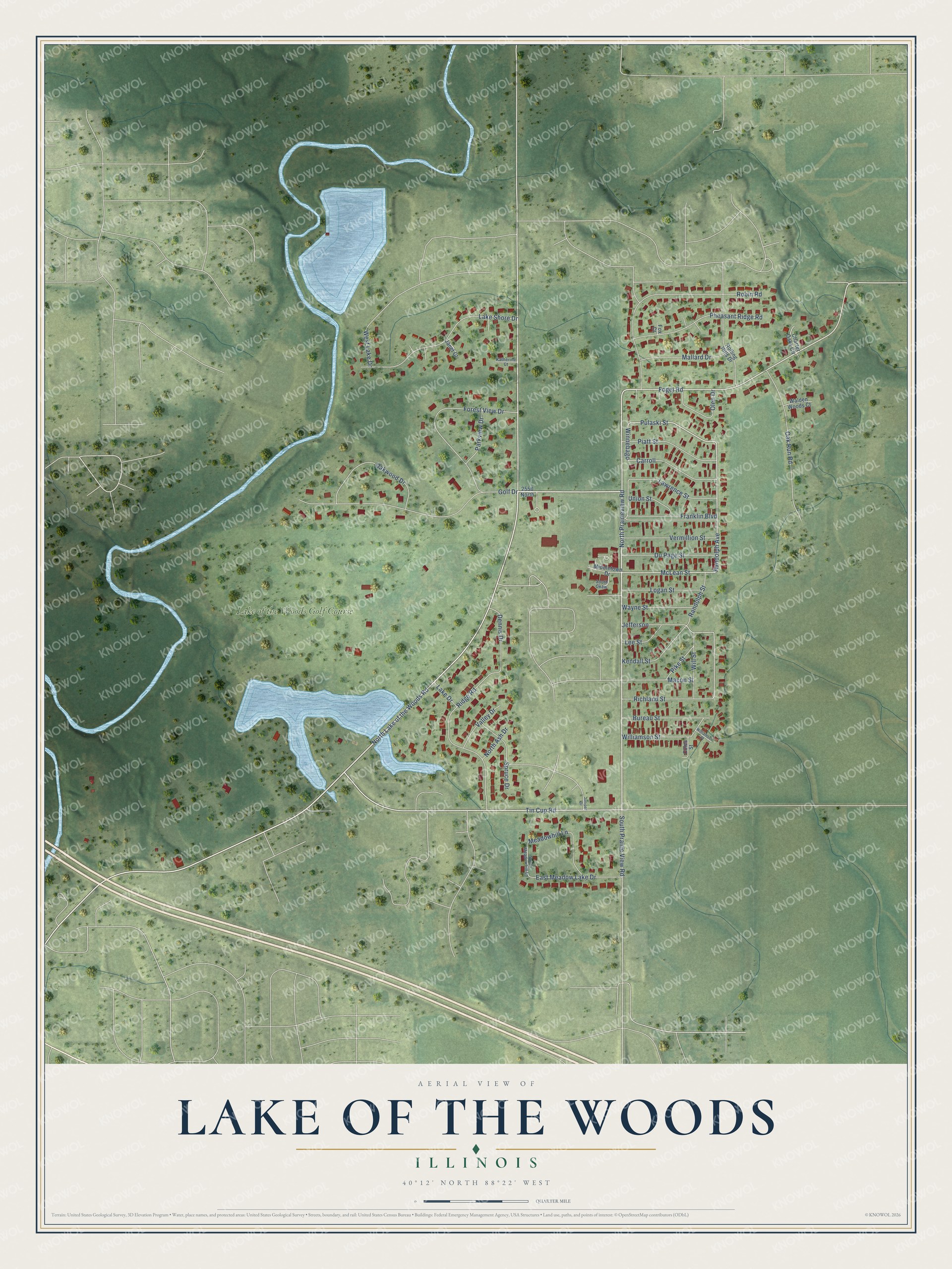 Full map of Lake of the Woods, Illinois, with red buildings, printed street names and the land around them