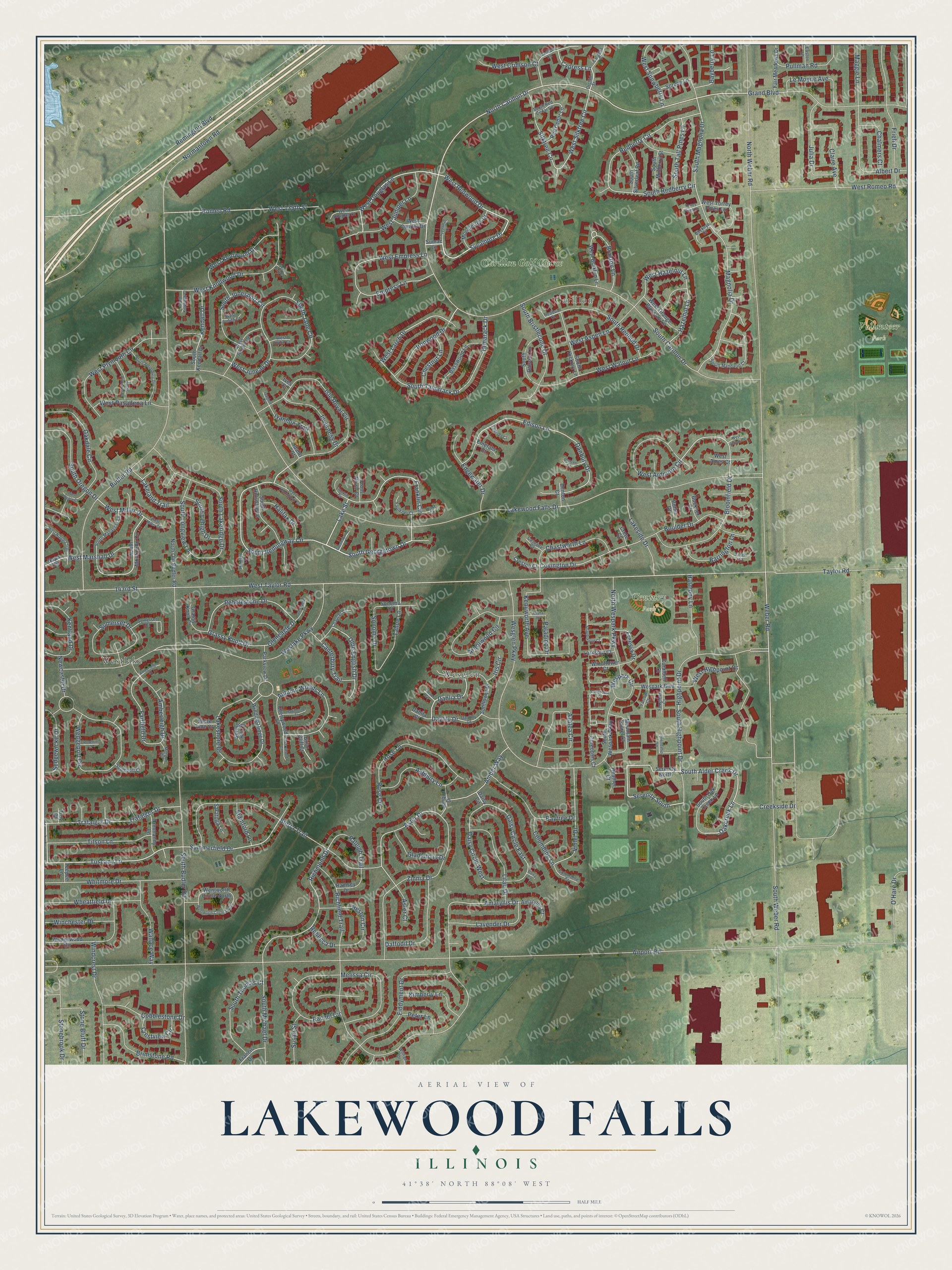Full map of Lakewood Falls, Illinois, with red buildings, printed street names and the land around them