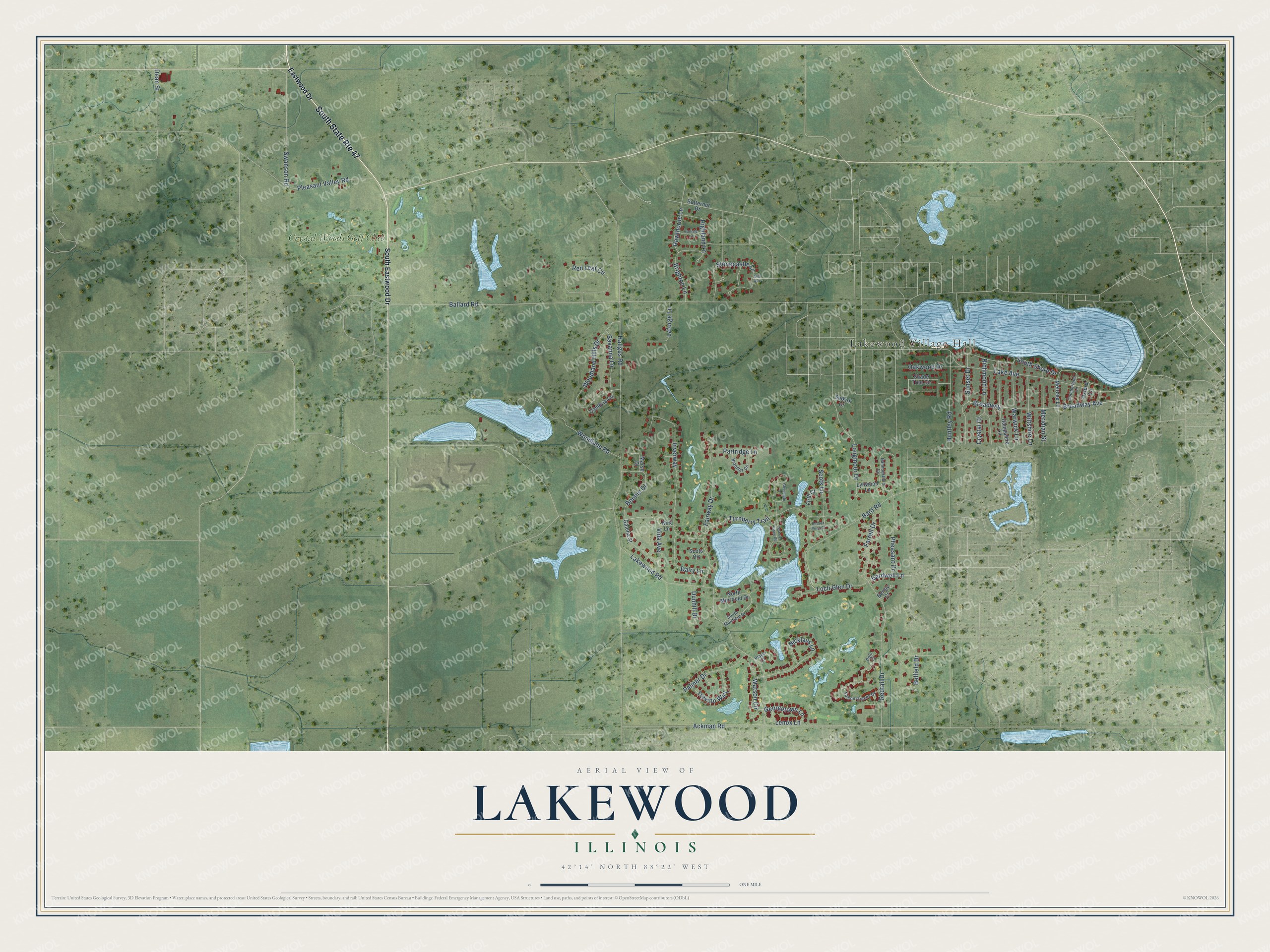 Full map of Lakewood, Illinois, with red buildings, printed street names and the land around them