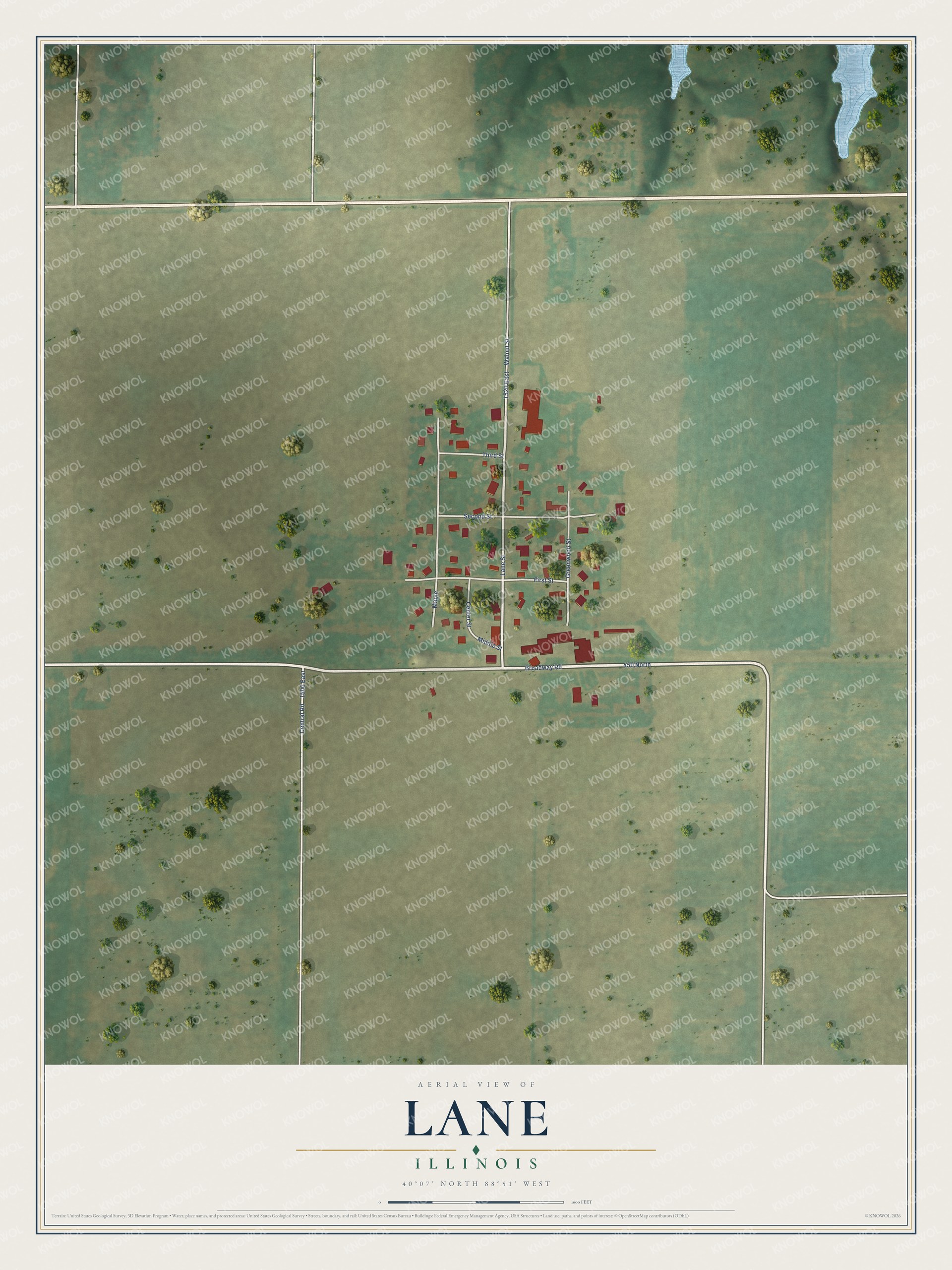 Full map of Lane, Illinois, with red buildings, printed street names and the land around them