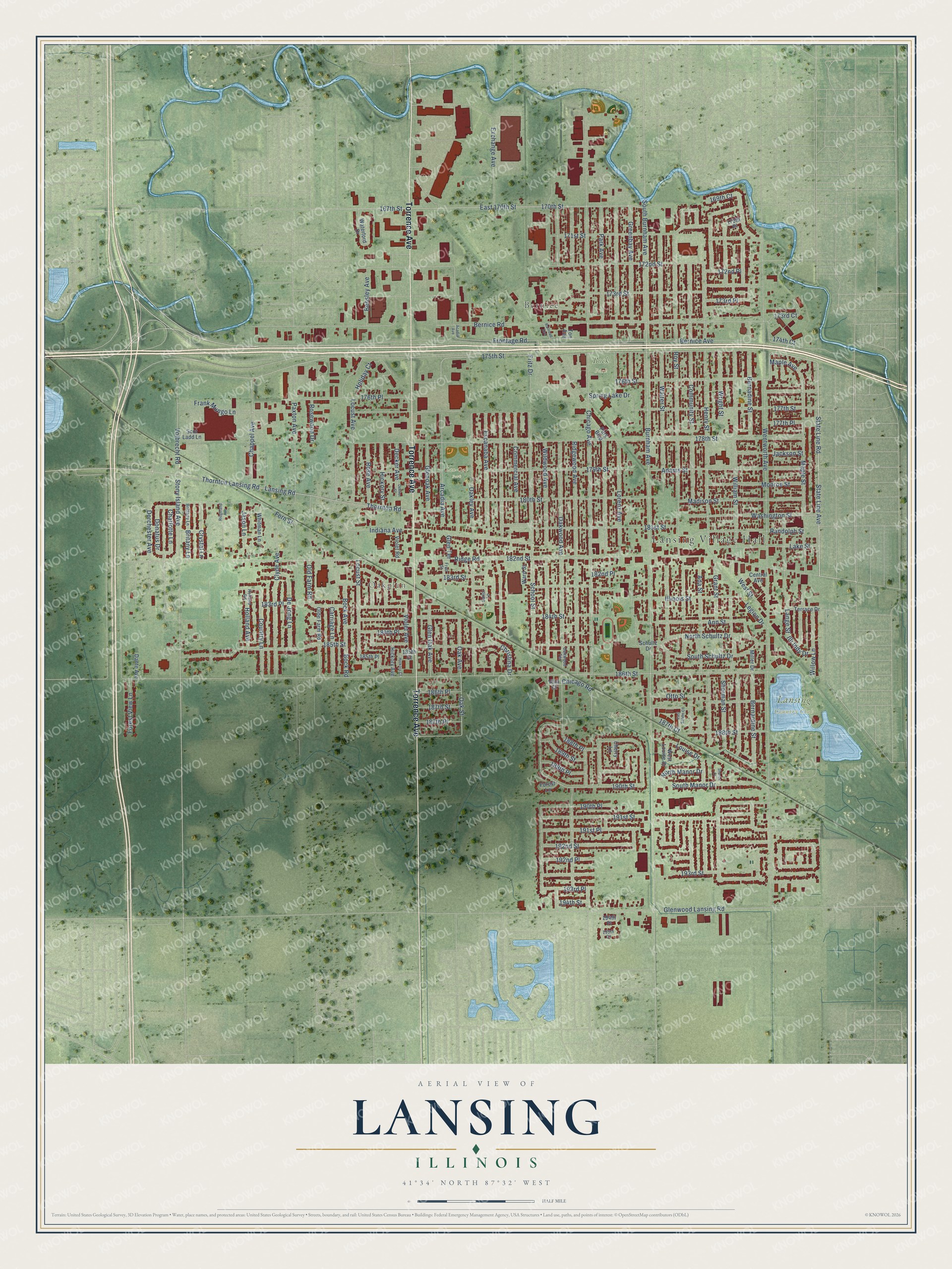 Watermarked full-map preview of Lansing, Illinois