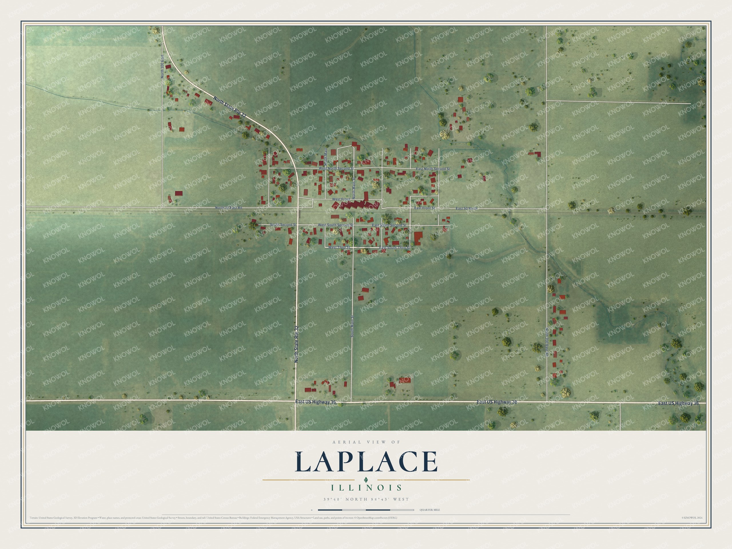 Full map of LaPlace, Illinois, with red buildings, printed street names and the land around them