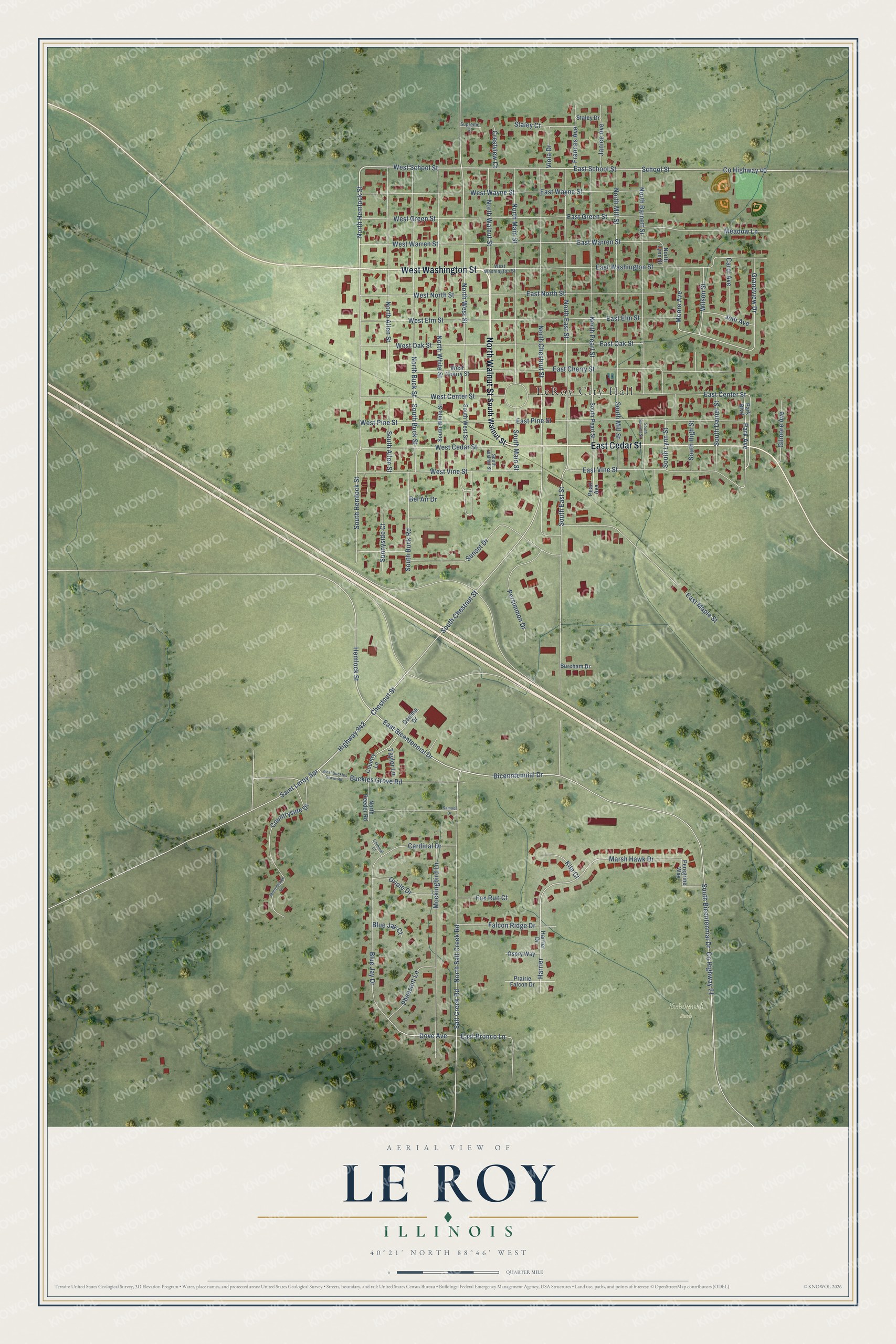 Watermarked full-map preview of Le Roy, Illinois