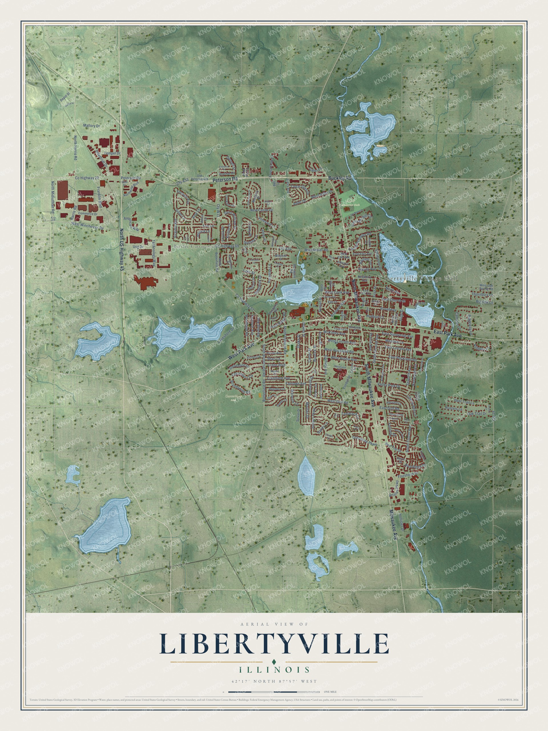 Full map of Libertyville, Illinois, with red buildings, printed street names and the land around them